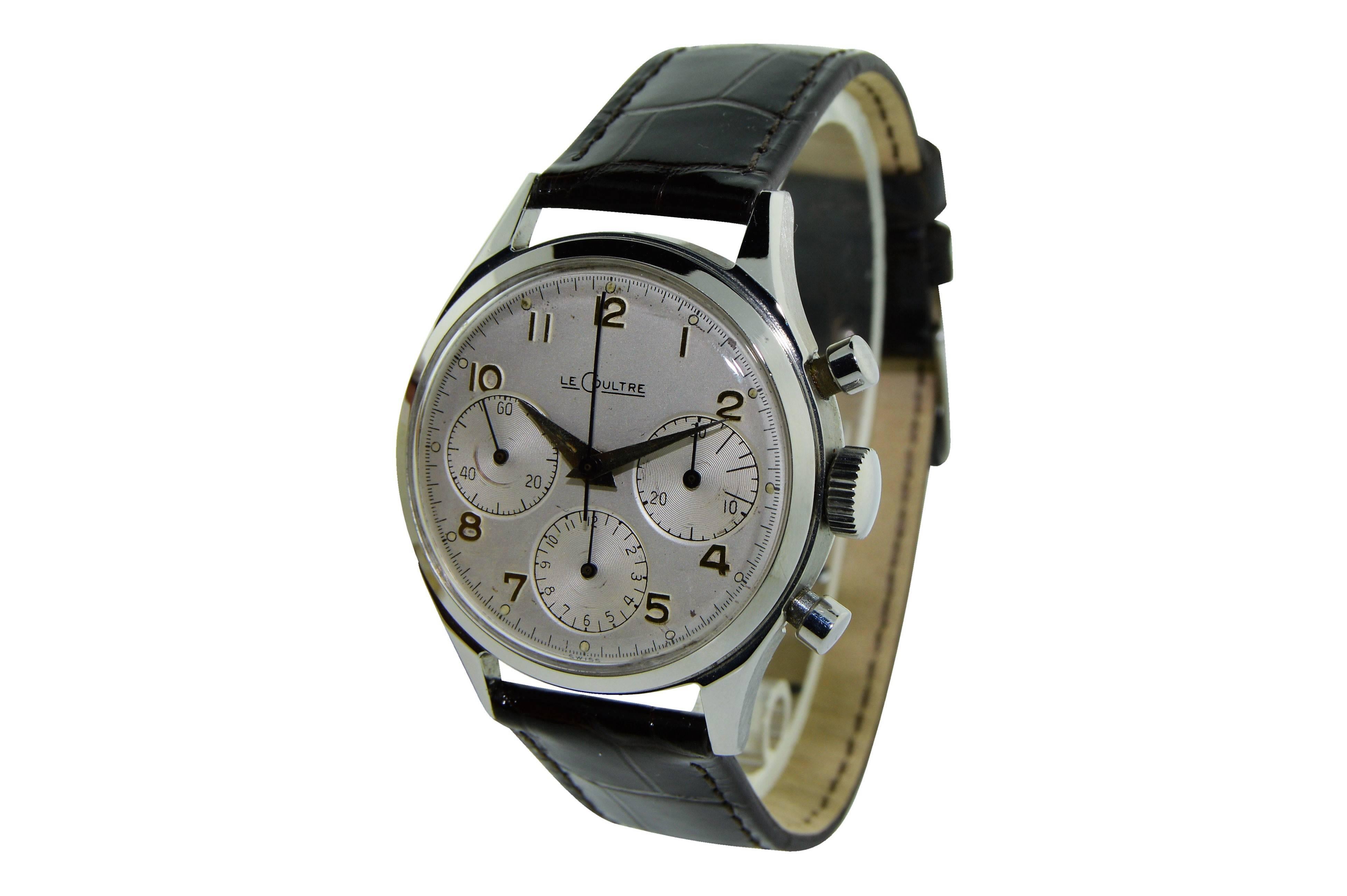 FACTORY / HOUSE: Le Coultre Watch Company
STYLE / REFERENCE: MId Century Stainless Steel Screw Back Chronograph 
MOVEMENT / CALIBER: Manually wound Valjoux 72 
DIAL / HANDS: Silver Dial Arabic Numbers Dauphine Hands
DIMENSIONS: 42mm X