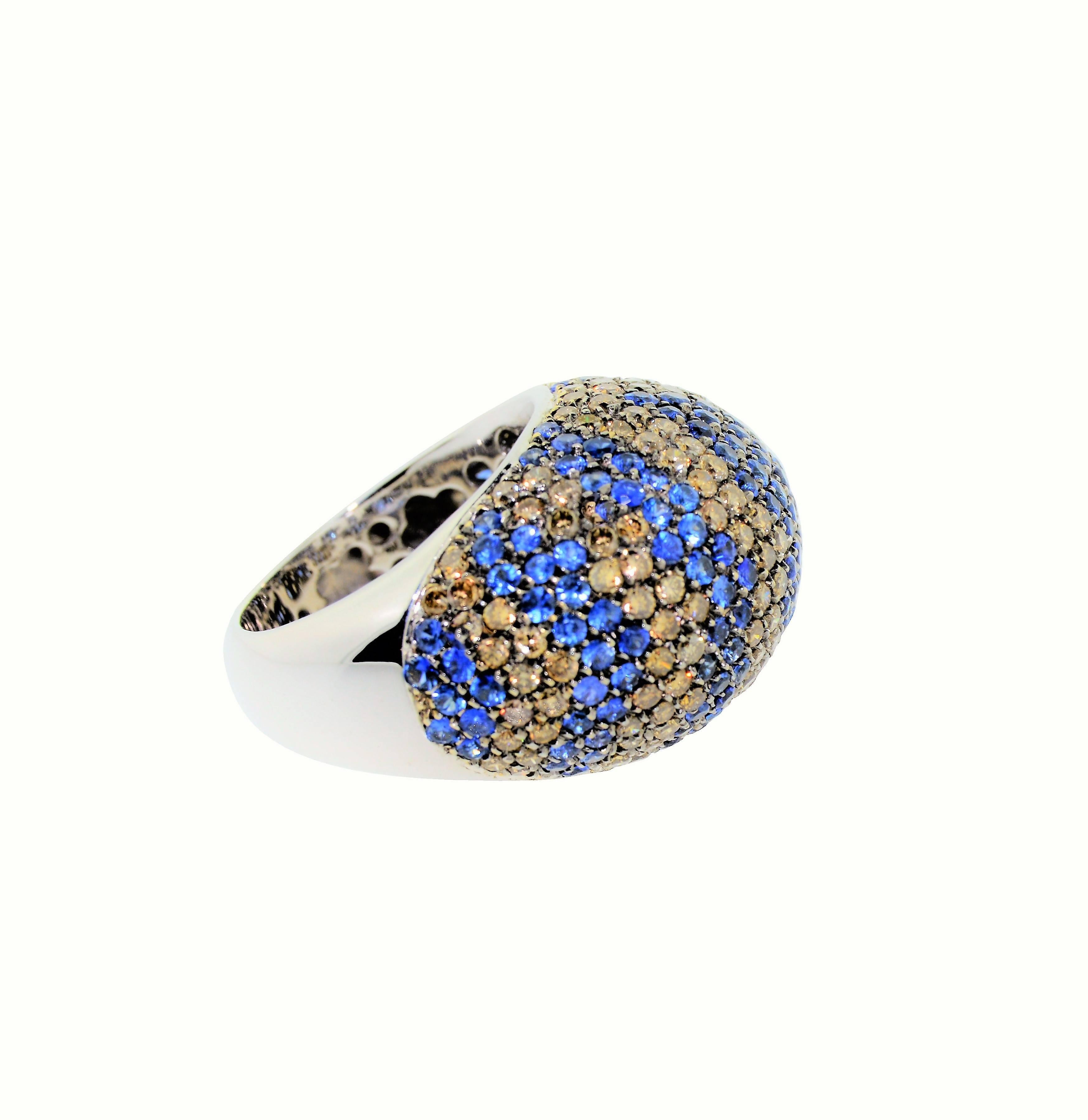 Art Deco Blue Sapphire Cognac Diamonds Gold Dome Ring