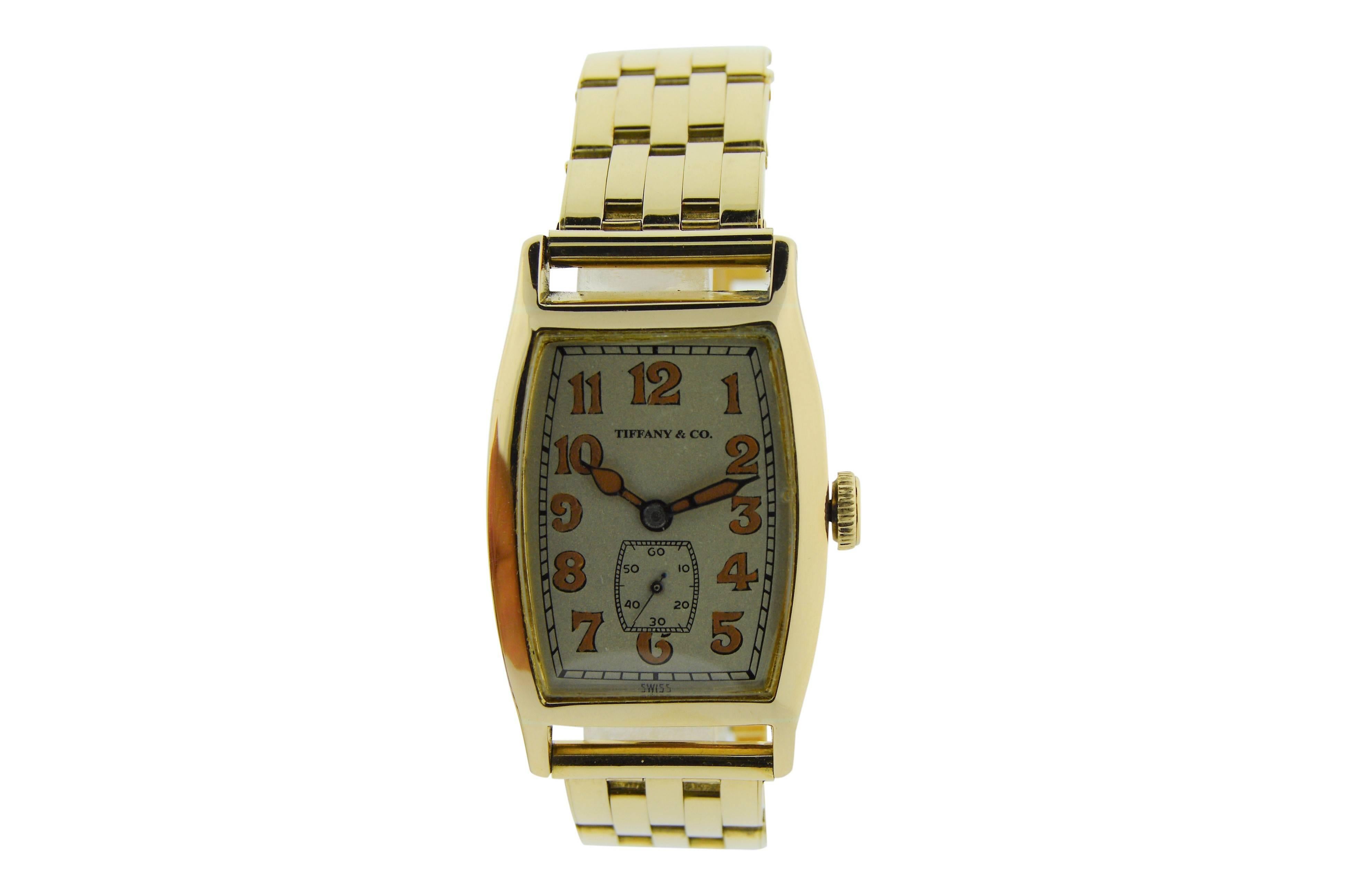 Tiffany & Co. by Longines Watch Co. Yellow Gold Tonneau Shape Watch In Excellent Condition In Long Beach, CA