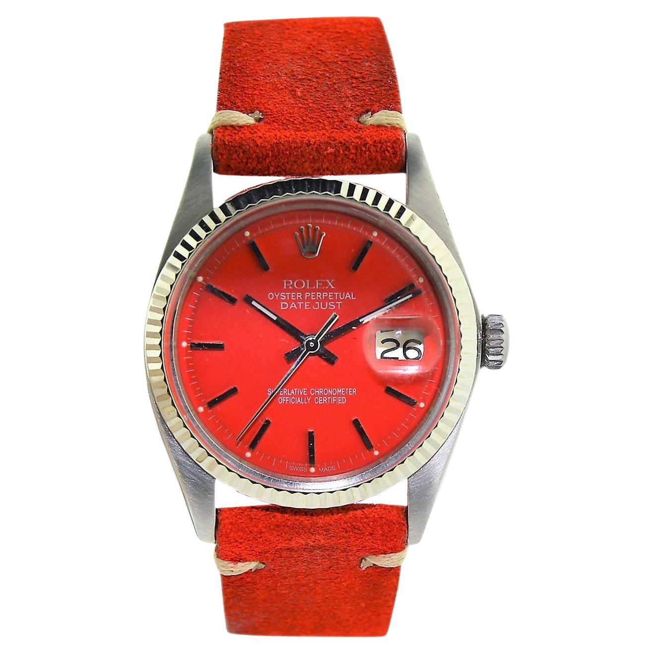 Rolex Stainless Steel Datejust Custom Red Dial Watch circa, 1970's For Sale