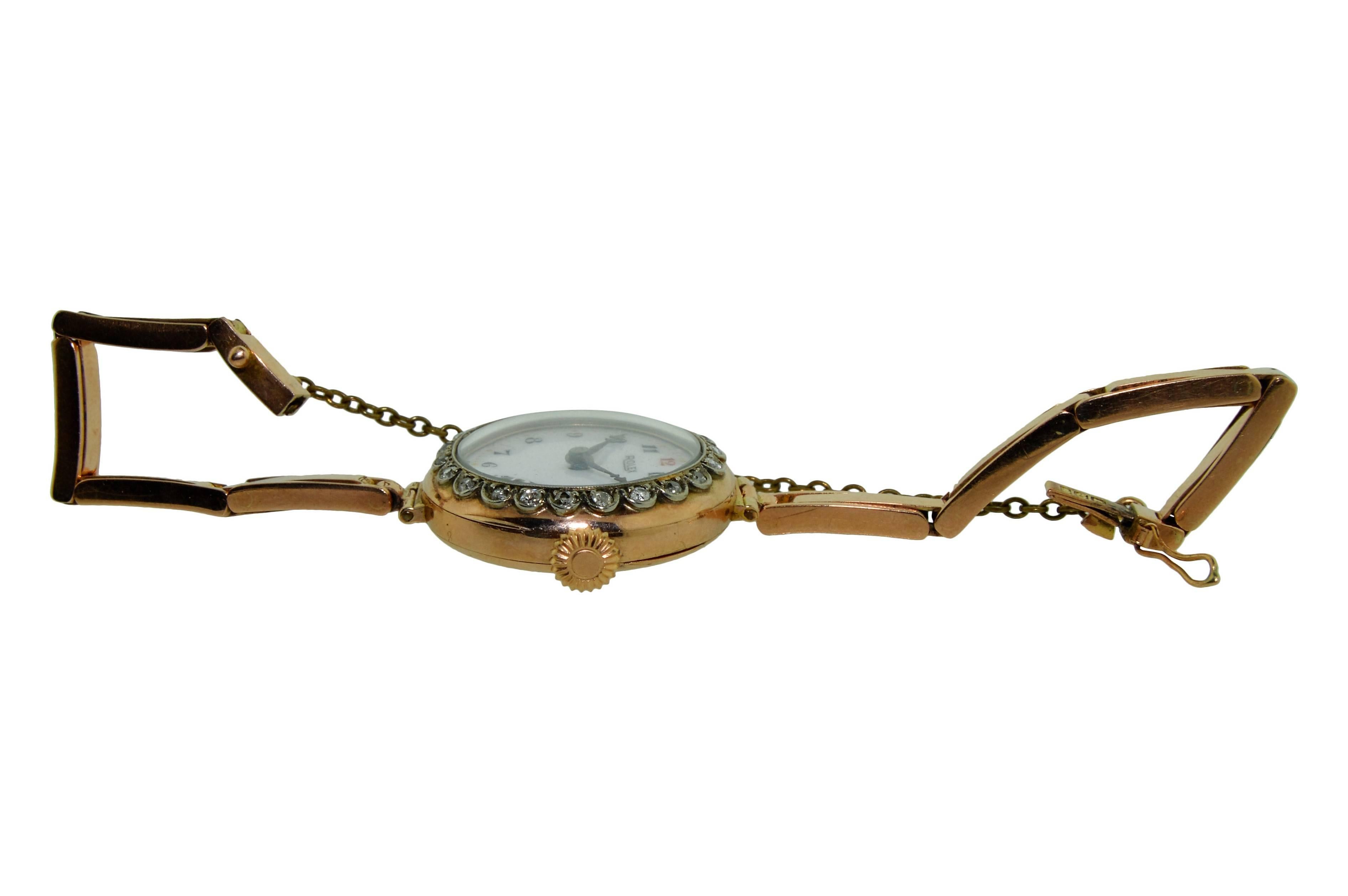 FACTORY / HOUSE: Rolex Watch Company
STYLE / REFERENCE: Bracelet /  Diamond Bezel / Evening Watch
CIRCA: 1915
MOVEMENT / CALIBER: 7 Jewels / Reberg Caliber
DIAL / HANDS: Original Enamel Arabic Numbers / Original Blued Steel
DIMENSIONS:   27mm