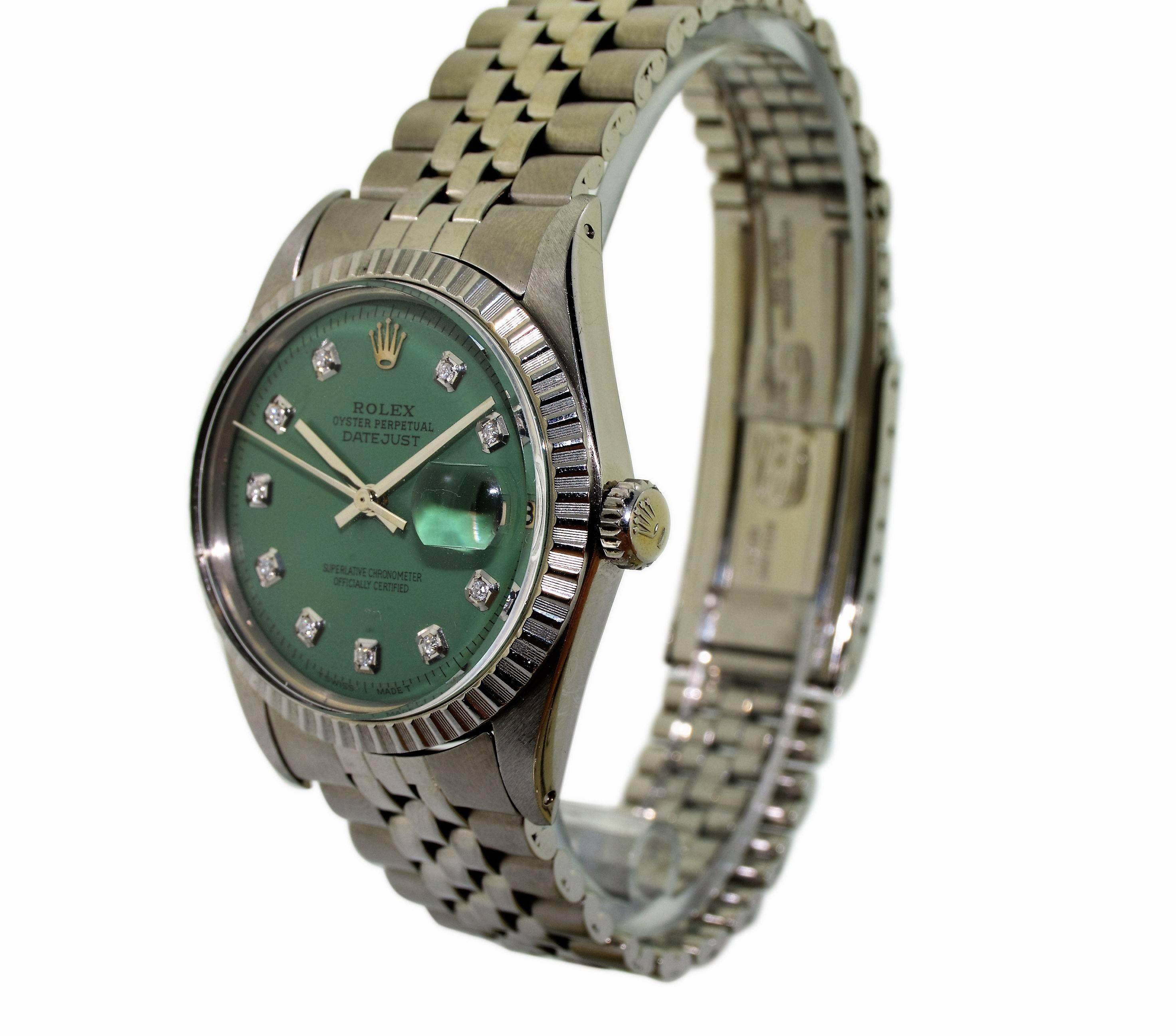 FACTORY / HOUSE: Rolex Watch  Company
STYLE / REFERENCE: Datejust / 1601
METAL: Stainless Steel 
CIRCA: 1978
MOVEMENT / CALIBER: Perpetual, Automatic / 26 Jewels 1570
DIAL / HANDS: Custom Replacement Diamond Dial / Baton Hands
DIMENSIONS: 42mm X 