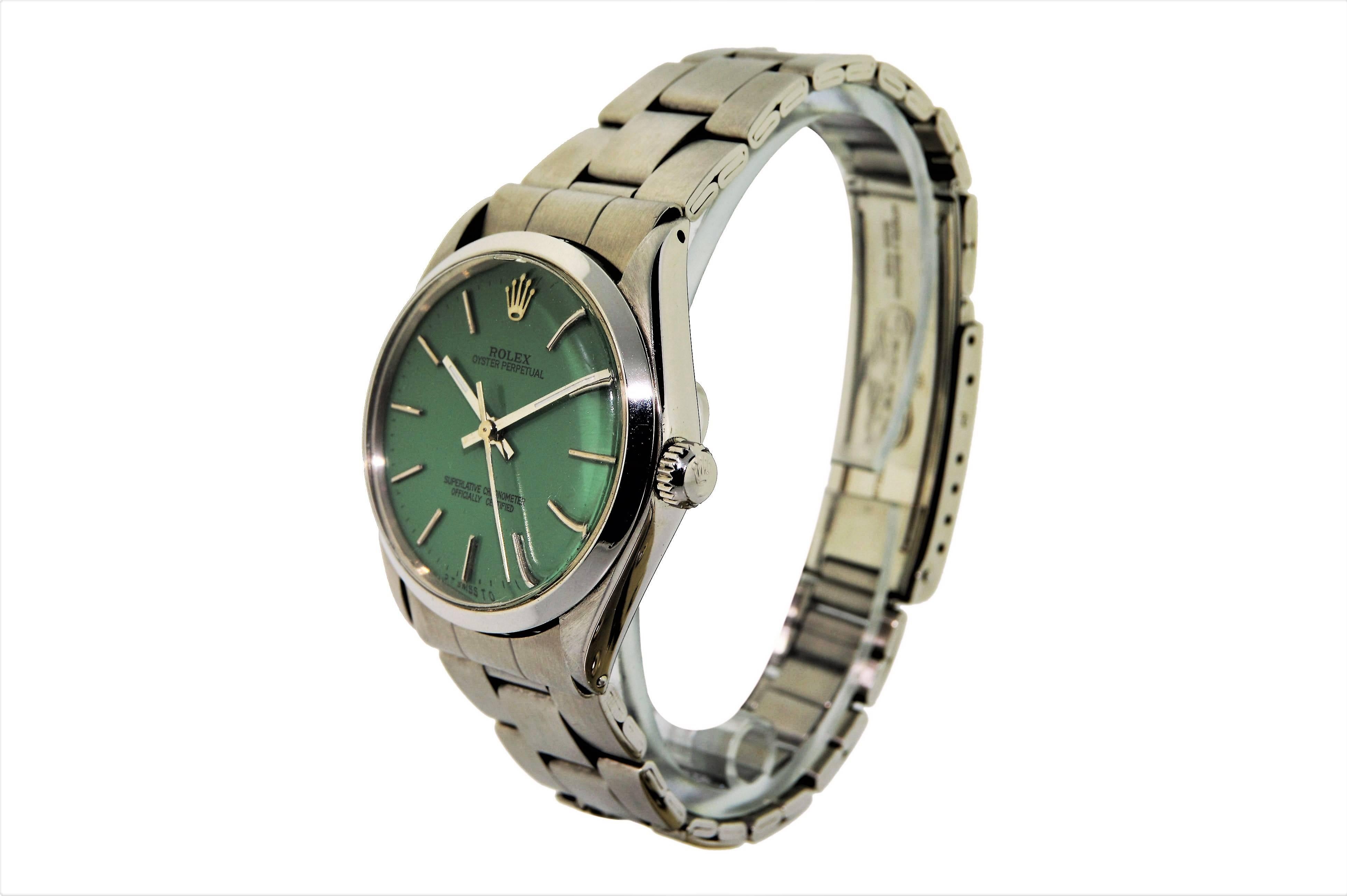 FACTORY / HOUSE: Rolex Watch Company
STYLE / REFERENCE: Oyster Perpetual / 5500
METAL: Stainless Steel 
CIRCA: 1970's
MOVEMENT / CALIBER: 26 Jewels / 1570
DIAL / HANDS: Original Dial with Non Original Green Finish / Baton Hands
DIMENSIONS:  39mm X 
