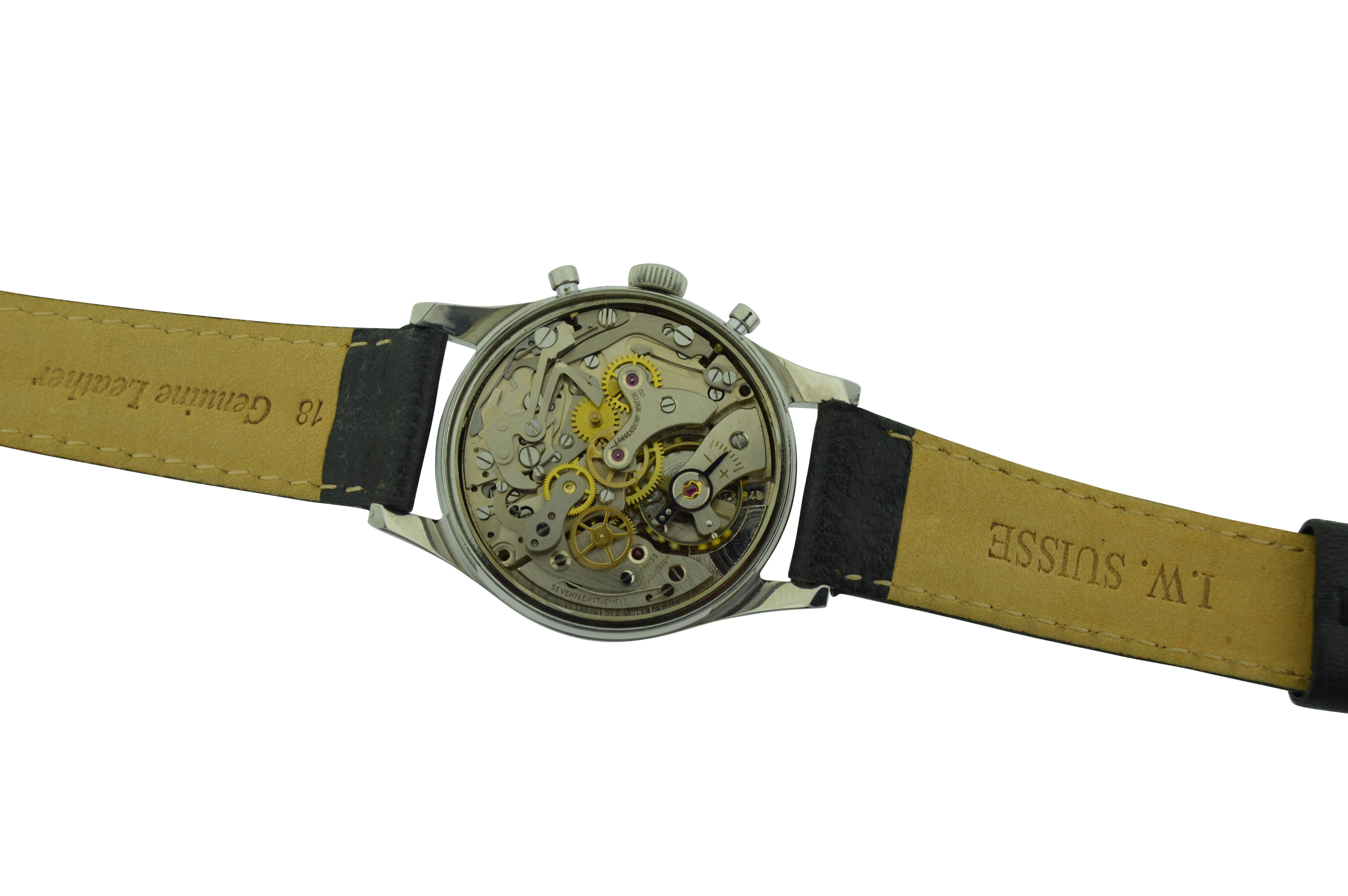 Swiss Chronograph Special Edition for Abercrombie & Fitch in New York
STYLE / REFERENCE: Art Deco / Chronograph
METAL / MATERIAL: Stainless  Steel
CIRCA: 1950's
DIMENSIONS:  44mm  X  35mm
MOVEMENT / CALIBER: Manual Winding / 17 Jewels
DIAL / HANDS: