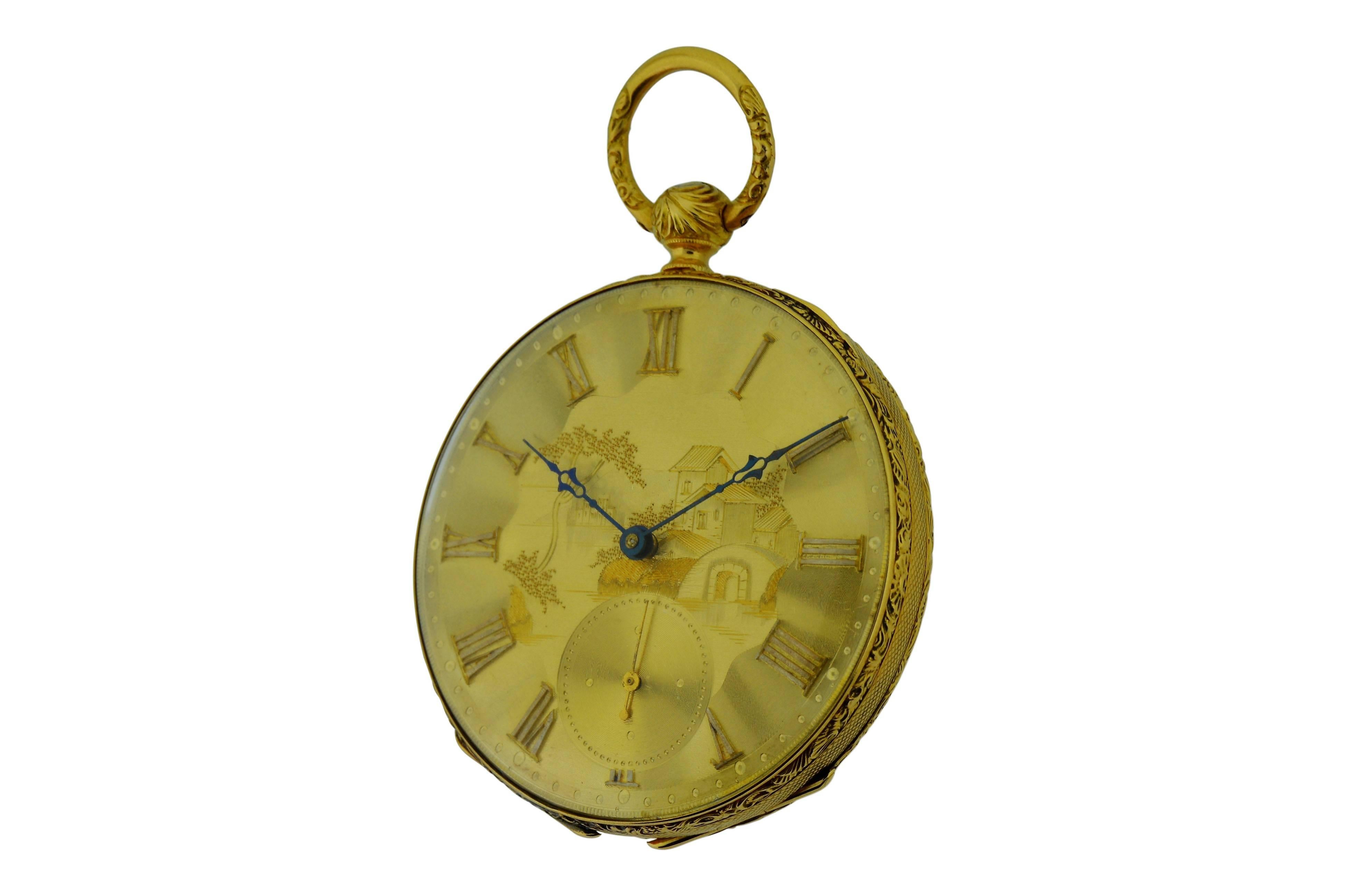 Henri Beguelin 18Kt. Massivgold Hochwertige Schweizer Schlüsselwind-Taschenuhr um 1840 im Zustand „Hervorragend“ im Angebot in Long Beach, CA