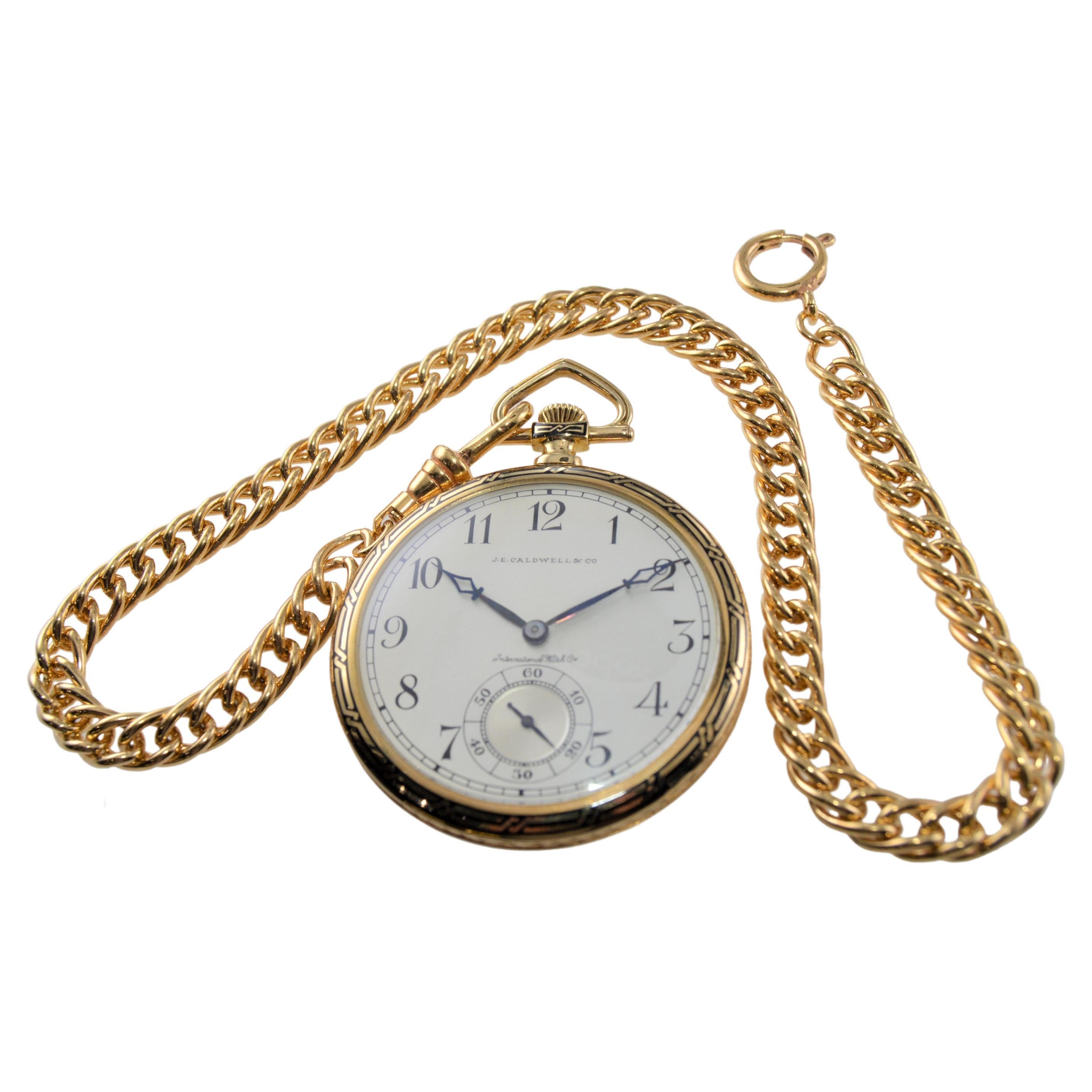 J.E. Caldwell by I.W.C. 18Kt Yellow Gold Open Faced Art Deco Pocket Watch, 1930s For Sale