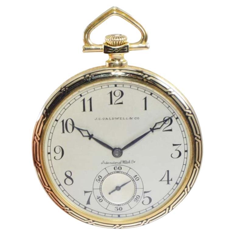 J.E. Caldwell by I.W.C. 18Kt Yellow Gold Open Faced Art Deco Pocket Watch, 1930s For Sale