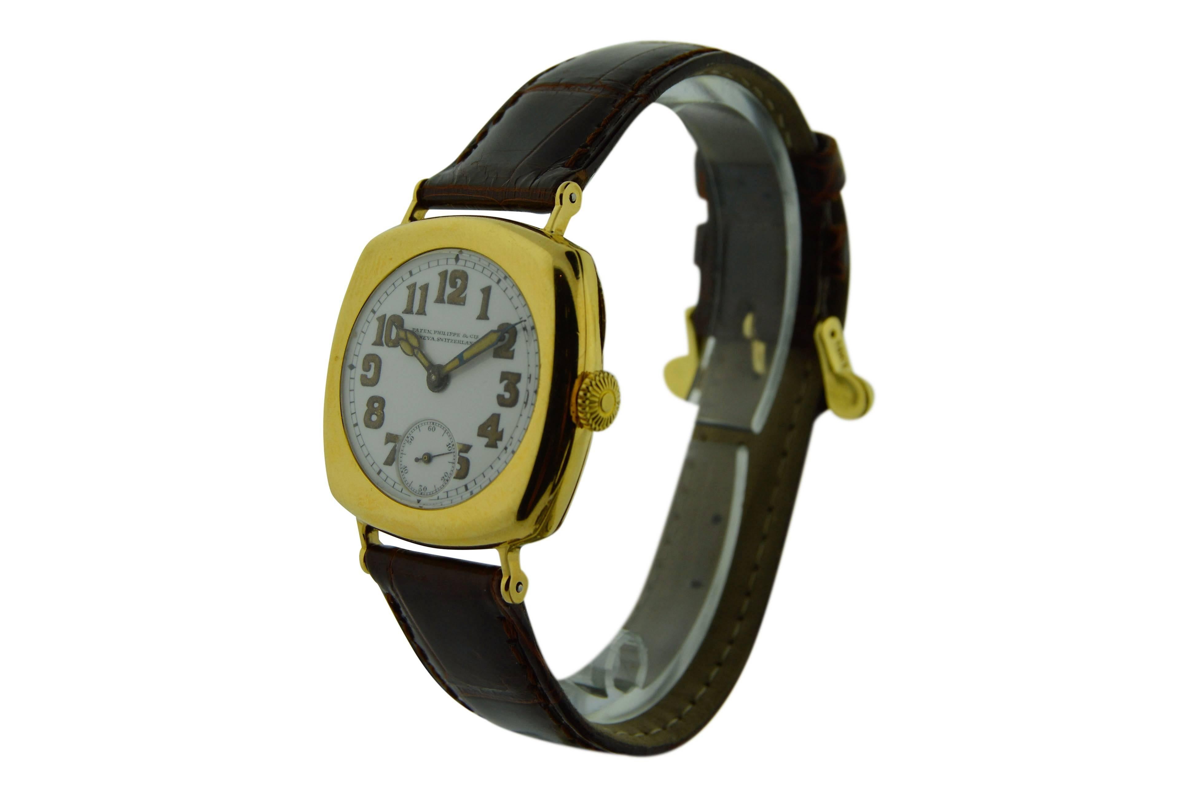 FACTORY / HOUSE: Patek Philippe & Co.
STYLE / REFERENCE: Cushion Shape / Art Deco
METAL / MATERIAL: 18Kt. Yellow Gold
DIMENSIONS:  38mm  X  31mm
CIRCA: 1920's
MOVEMENT / CALIBER: 18 Jewels / 8 adjustments 
DIAL / HANDS: Original Enamel with
