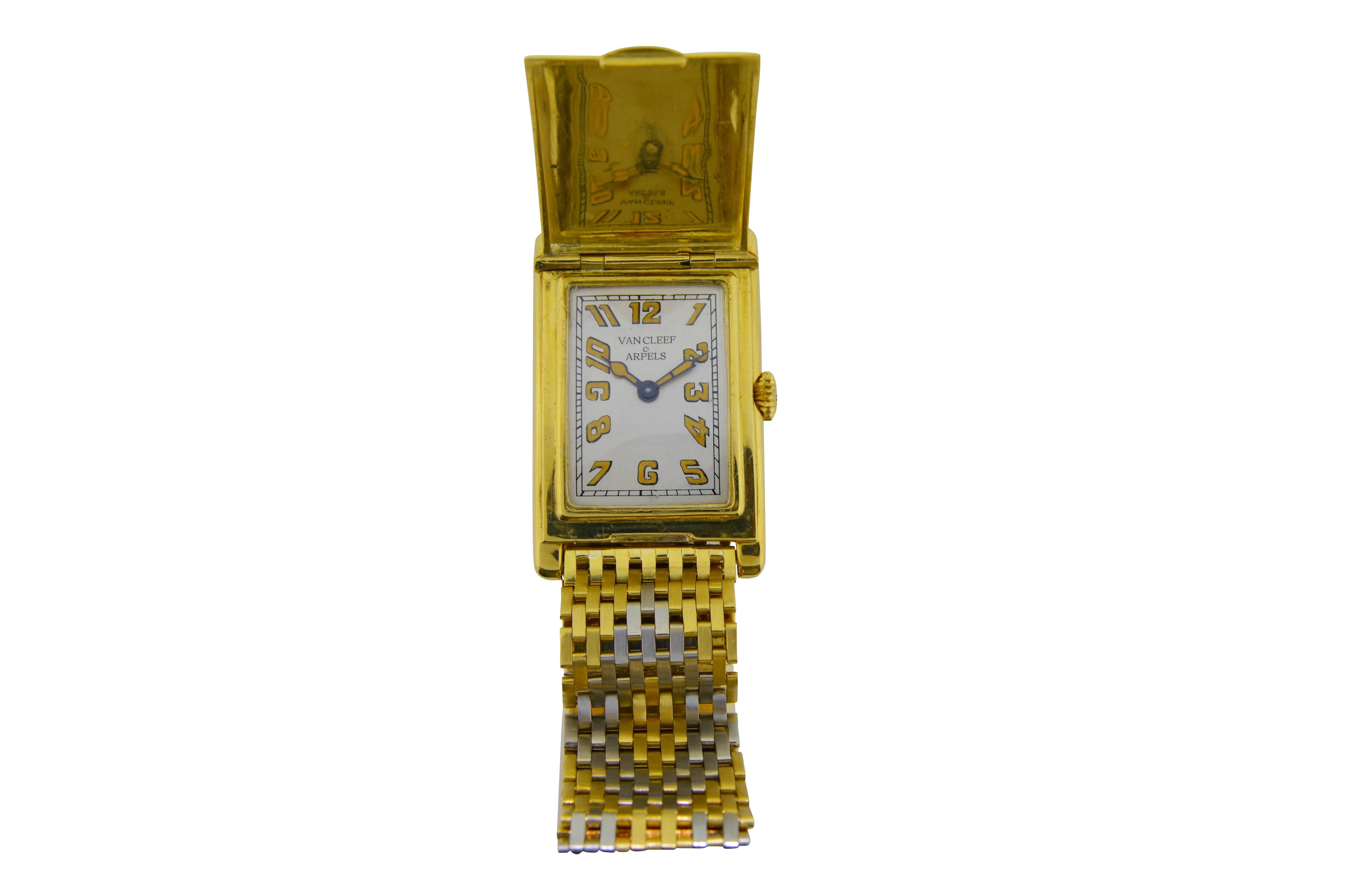 FACTORY / HOUSE: Van Cleef and Arpels 
STYLE / REFERENCE: Covered Dial / Art Deco
METAL / MATERIAL: 18Kt. Yellow Gold / Yellow and White Gold Bracelet
DIMENSIONS: Length 41mm  X Width 25mm
CIRCA: 1930's
MOVEMENT / CALIBER: 17 Jewel / Swiss Hand Made