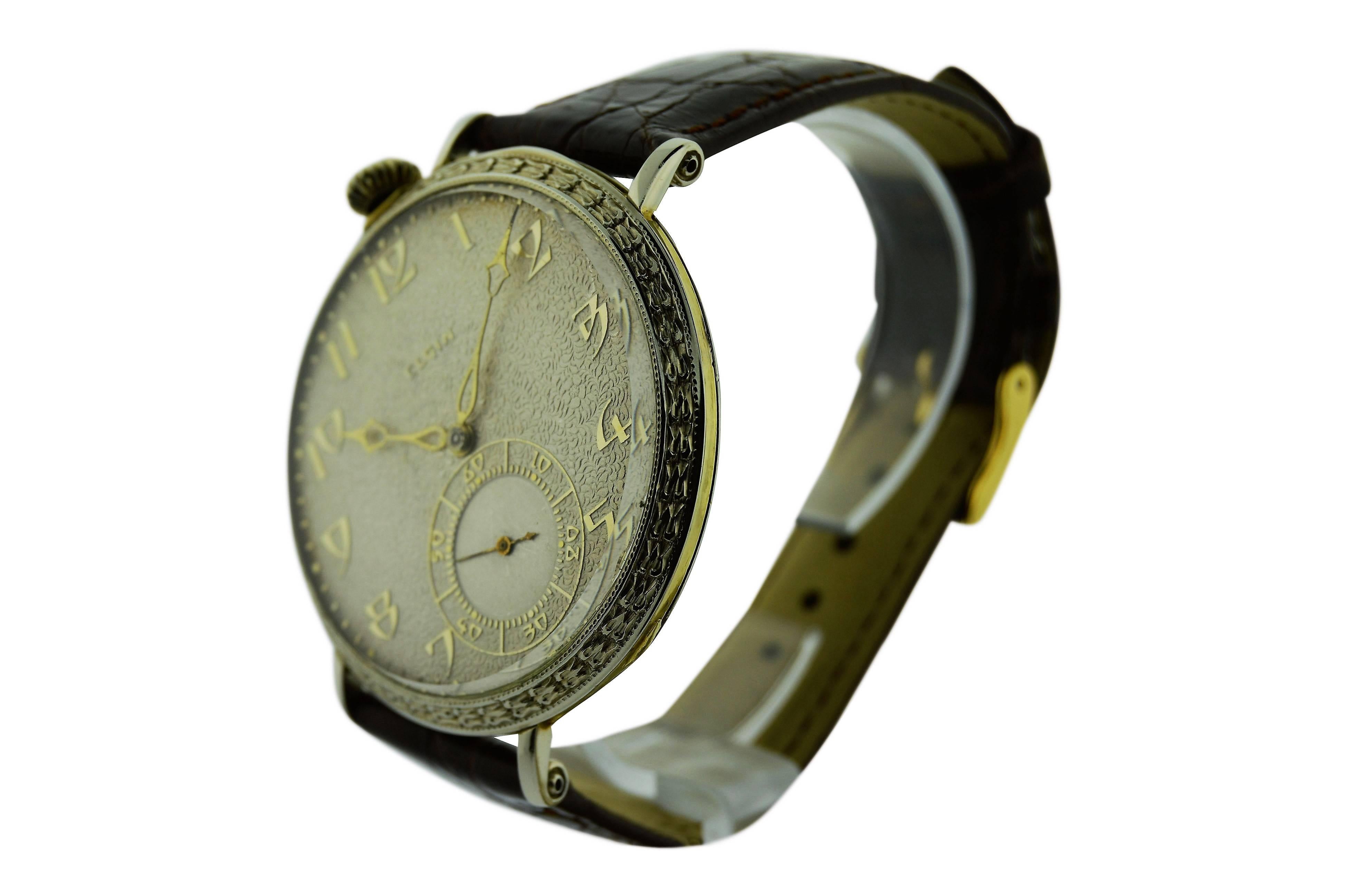 FACTORY / HOUSE: Elgin Watch Company 
STYLE / REFERENCE: Pocket / Right Hand Drivers Wrist Watch
METAL / MATERIAL: 14Kt. Solid Gold, Yellow and White Gold
DIMENSIONS:  49mm  X  44mm
CIRCA: 1920's 
MOVEMENT / CALIBER: 21 Jewels / High Grade Hand Made