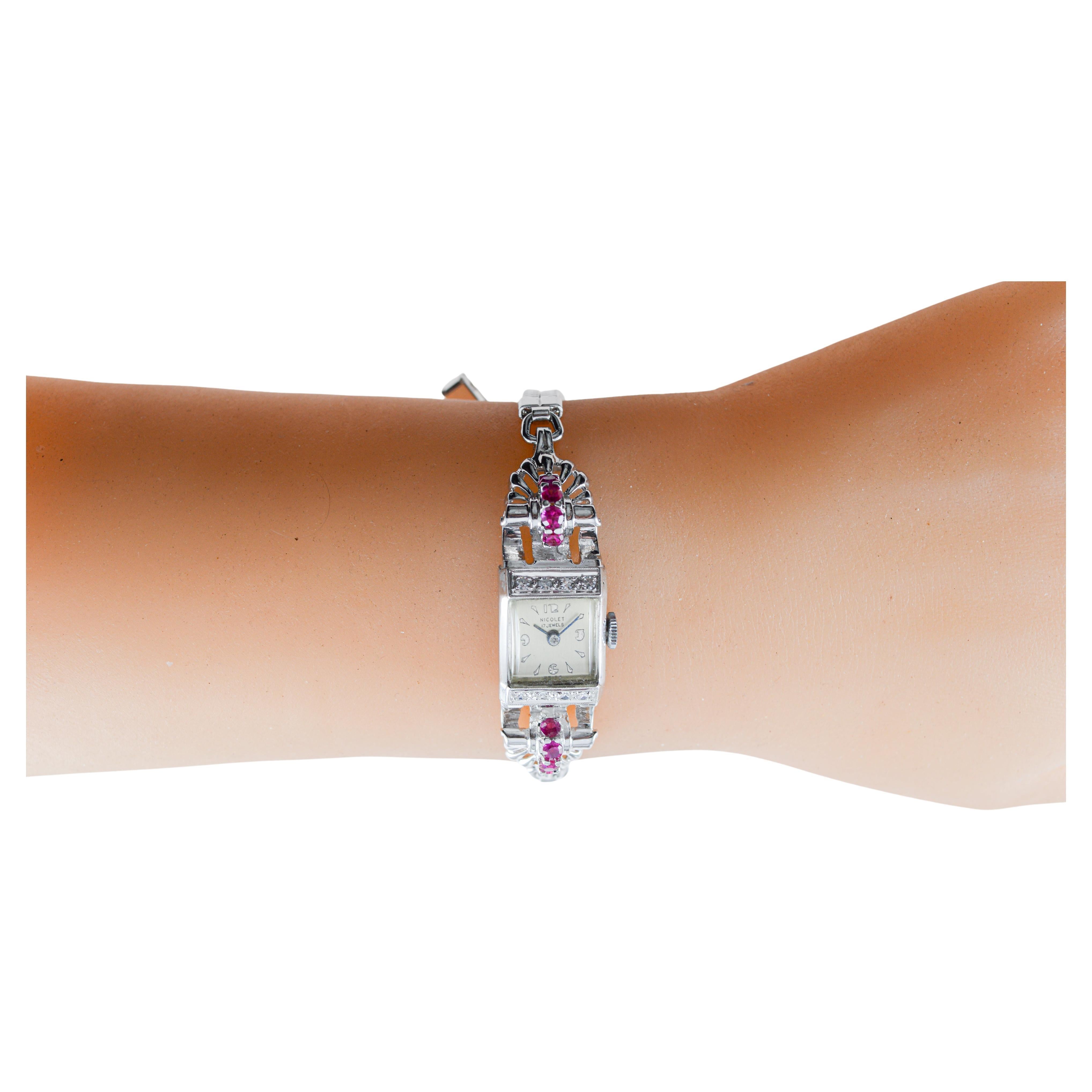 Nicolet Solid White Gold Art Deco Ladies Watch with Period Bracelet, circa 1940s For Sale 7