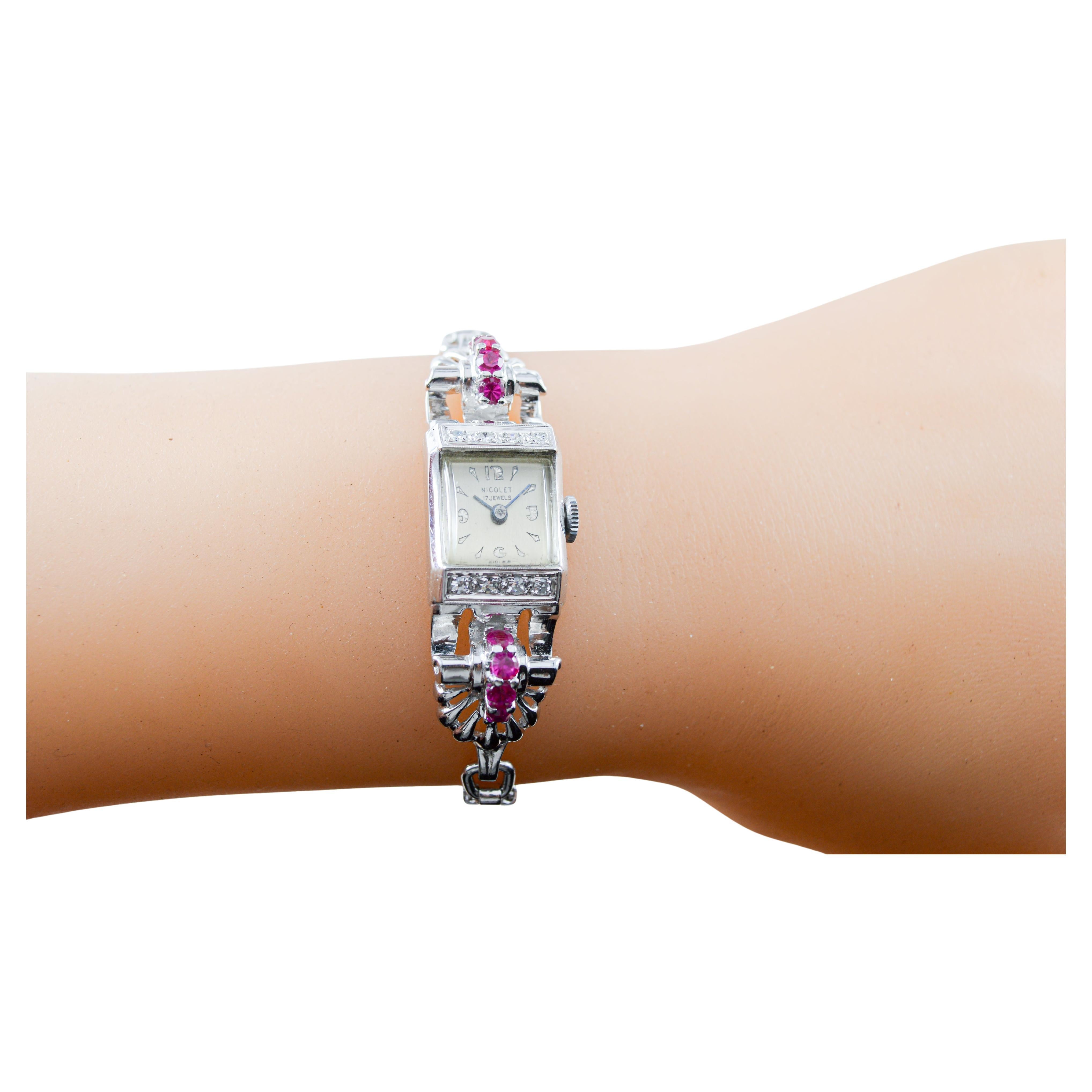 Nicolet Solid White Gold Art Deco Ladies Watch with Period Bracelet, circa 1940s For Sale 8