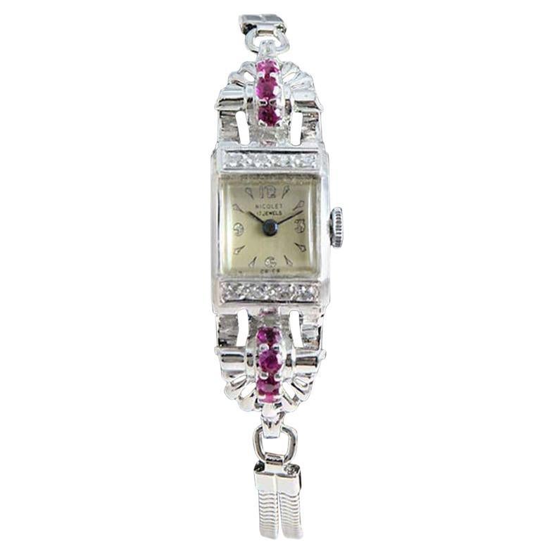 Nicolet Solid White Gold Art Deco Ladies Watch with Period Bracelet, circa 1940s