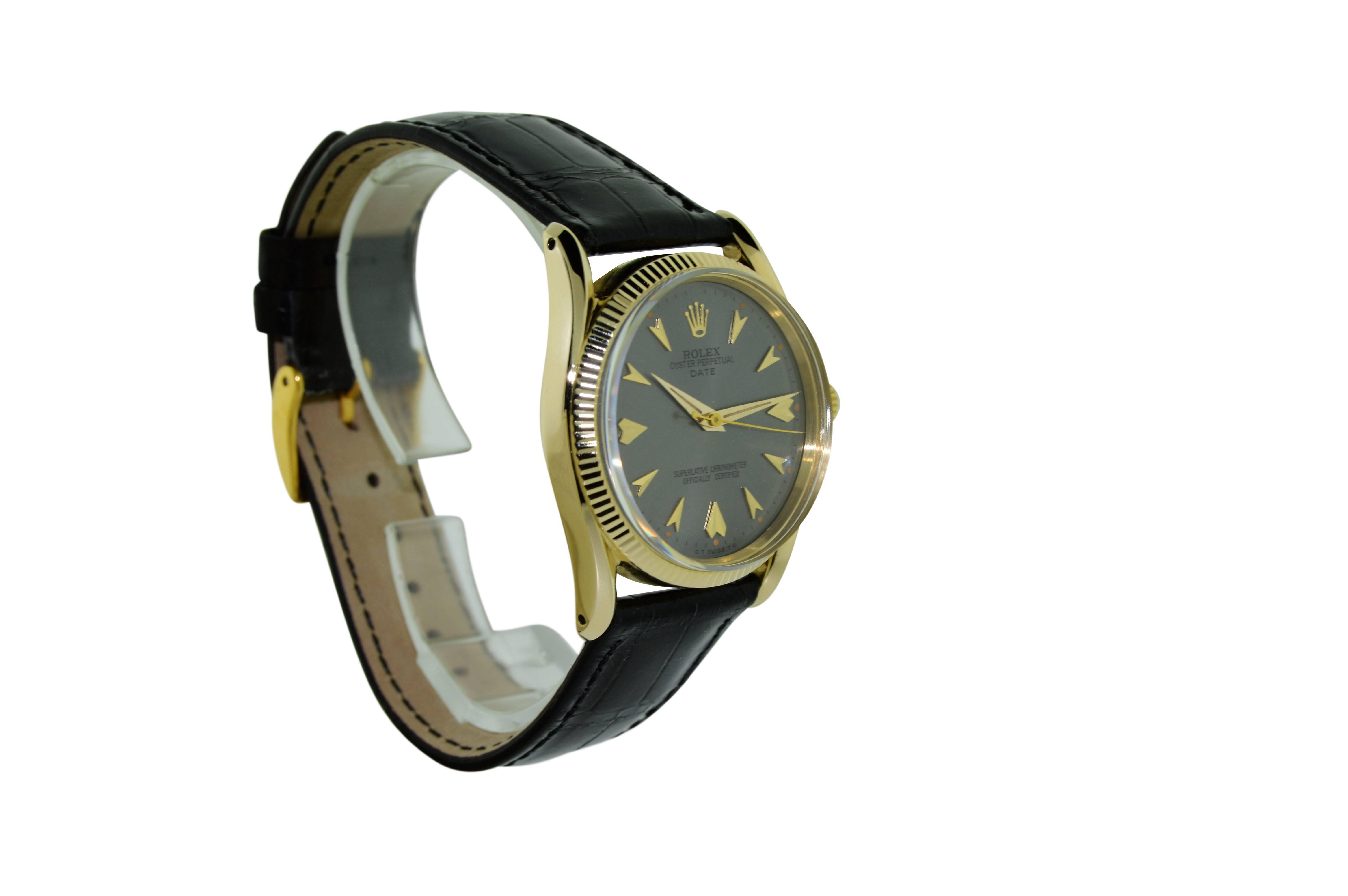 FACTORY / HOUSE: Rolex Watch Company
STYLE / REFERENCE: Oyster Perpetual / Bombe, "Sculpted" Lugs / Ref. 6593
METAL / MATERIAL: 14Kt. Solid Yellow gold
DIMENSIONS:  40mm  X  33mm
CIRCA: 1958
MOVEMENT / CALIBER: 25 Jewels / Perpetual
