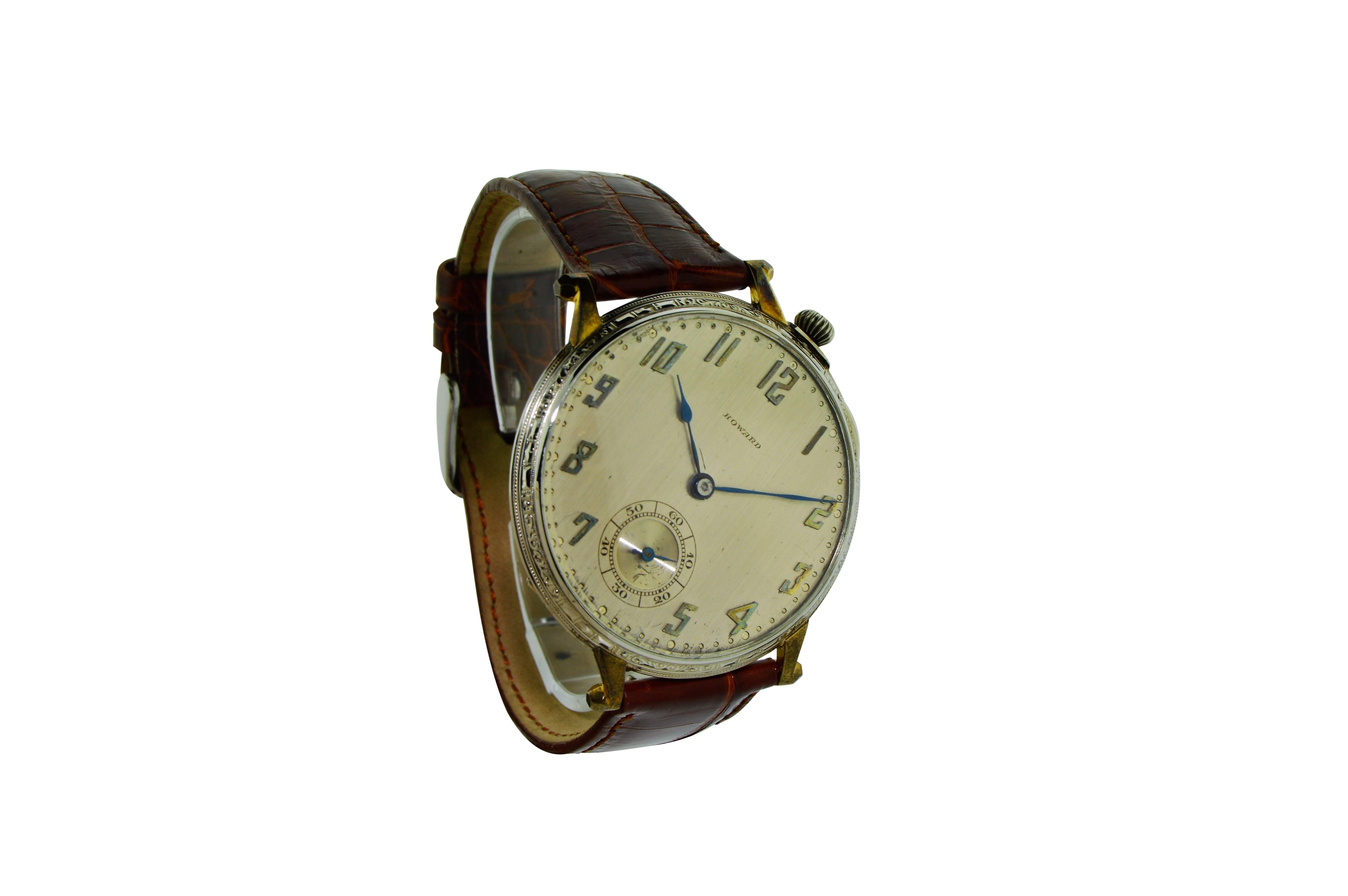 FACTORY / HOUSE: Howard Watch Company
STYLE / REFERENCE: Pocket Wrist Watch
METAL / MATERIAL: Heavy White Gold Filled
DIMENSIONS:  50mm  X  44mm
CIRCA: 1920's
MOVEMENT / CALIBER: 17 Jewels / Manual Winding
DIAL / HANDS: Original Applied Arabic /