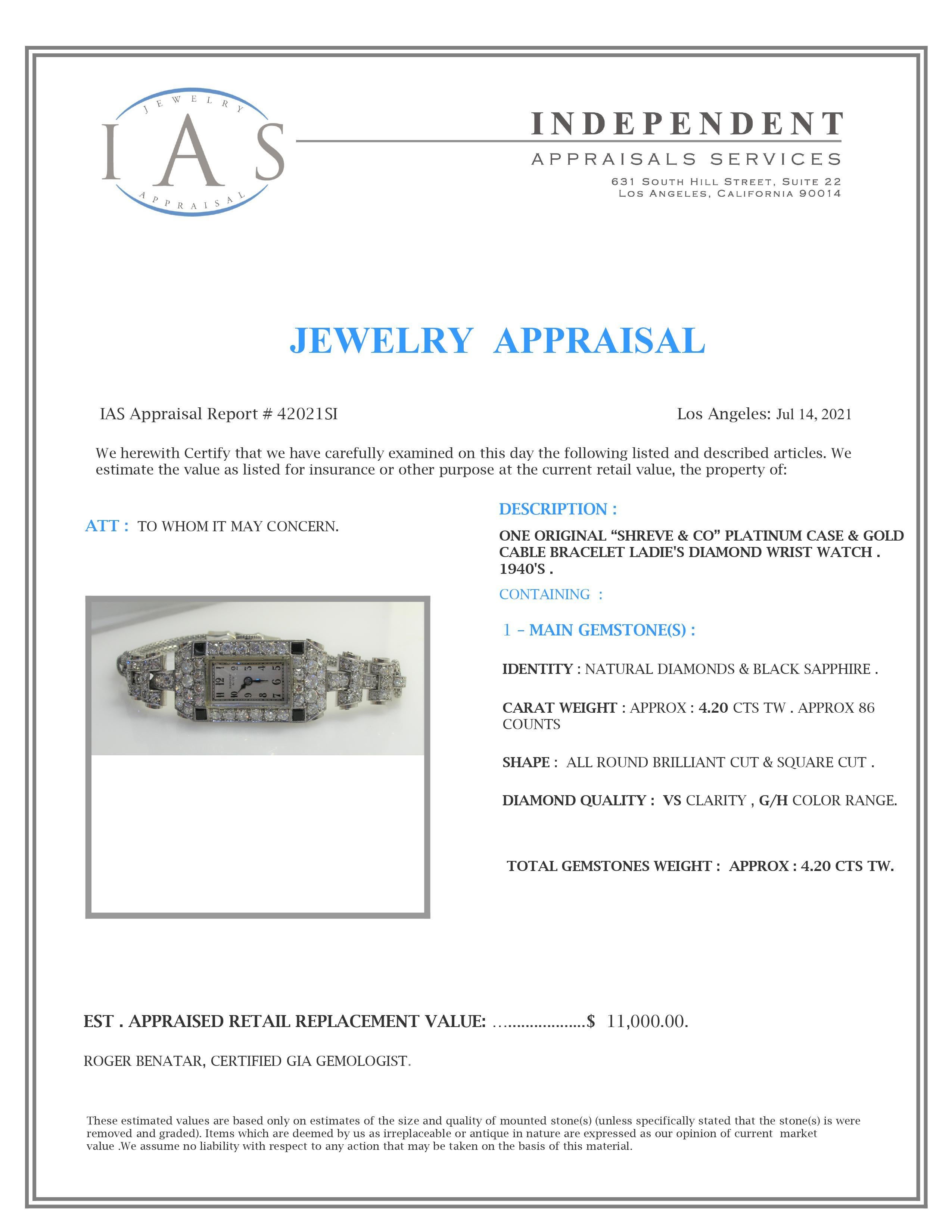 Shreve & Co. Ladies Platinum Diamond Bracelet Watch 2