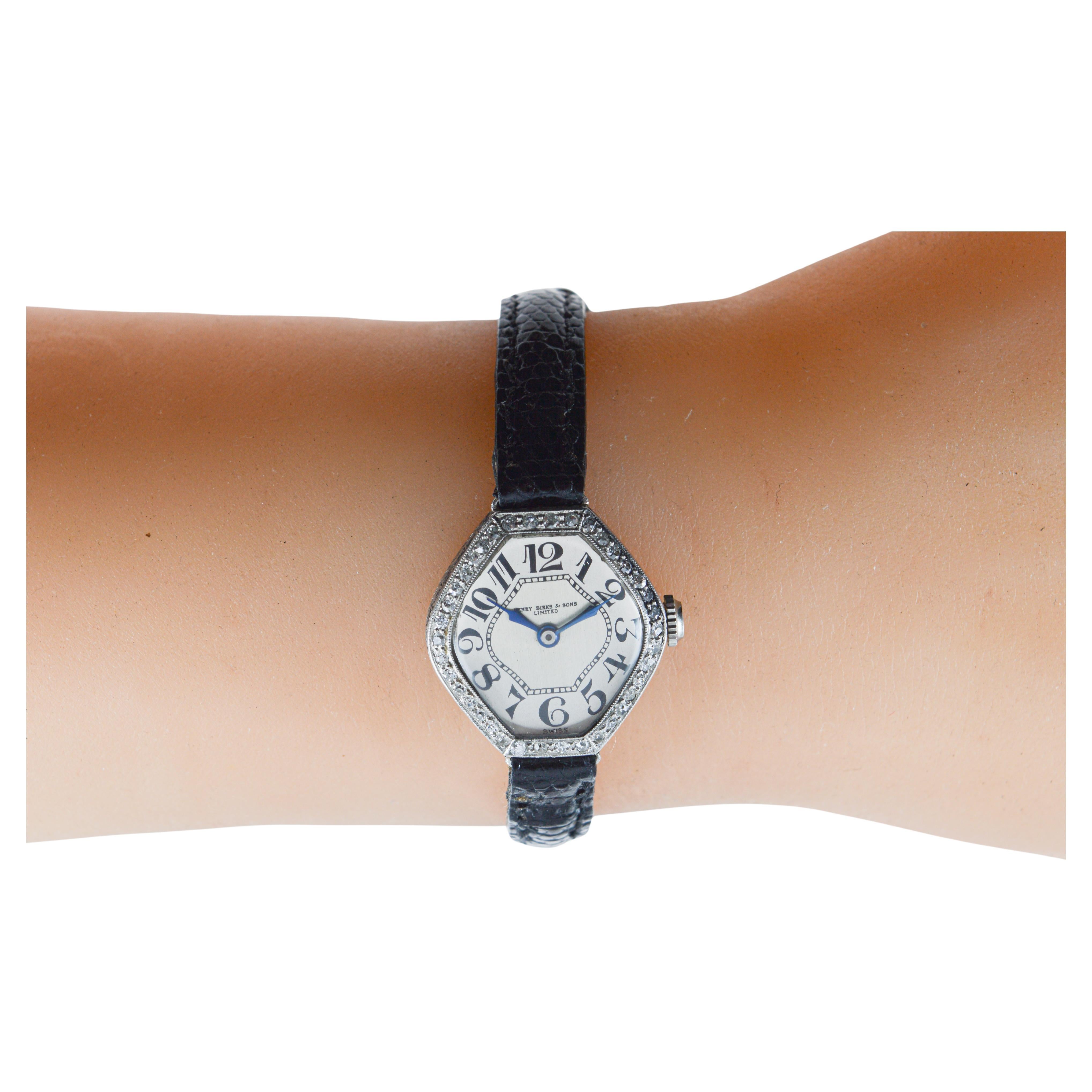 Henry Birks & Sons Platin Damen Art Deco Uhr mit Diamant Lünette um 1915 im Angebot 10