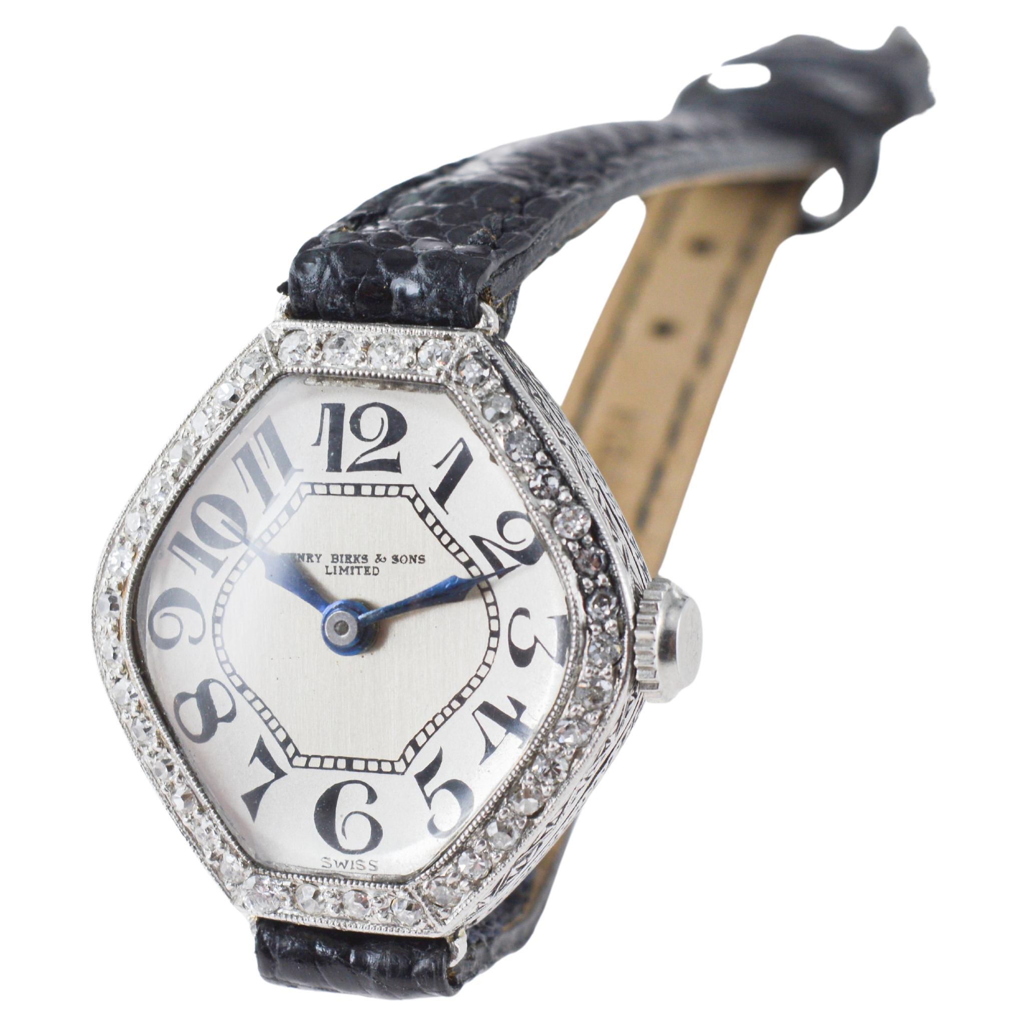 Henry Birks & Sons Platin Damen Art Deco Uhr mit Diamant Lünette um 1915 im Angebot 6