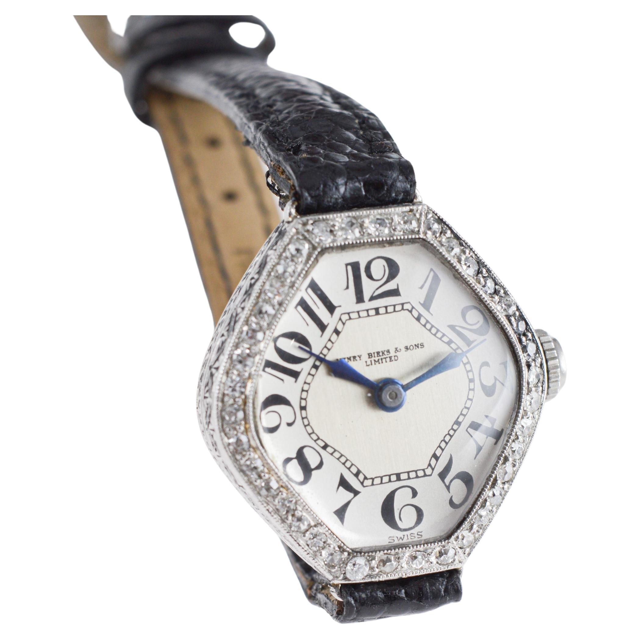 Henry Birks & Sons Platin Damen Art Deco Uhr mit Diamant Lünette um 1915 im Angebot 4