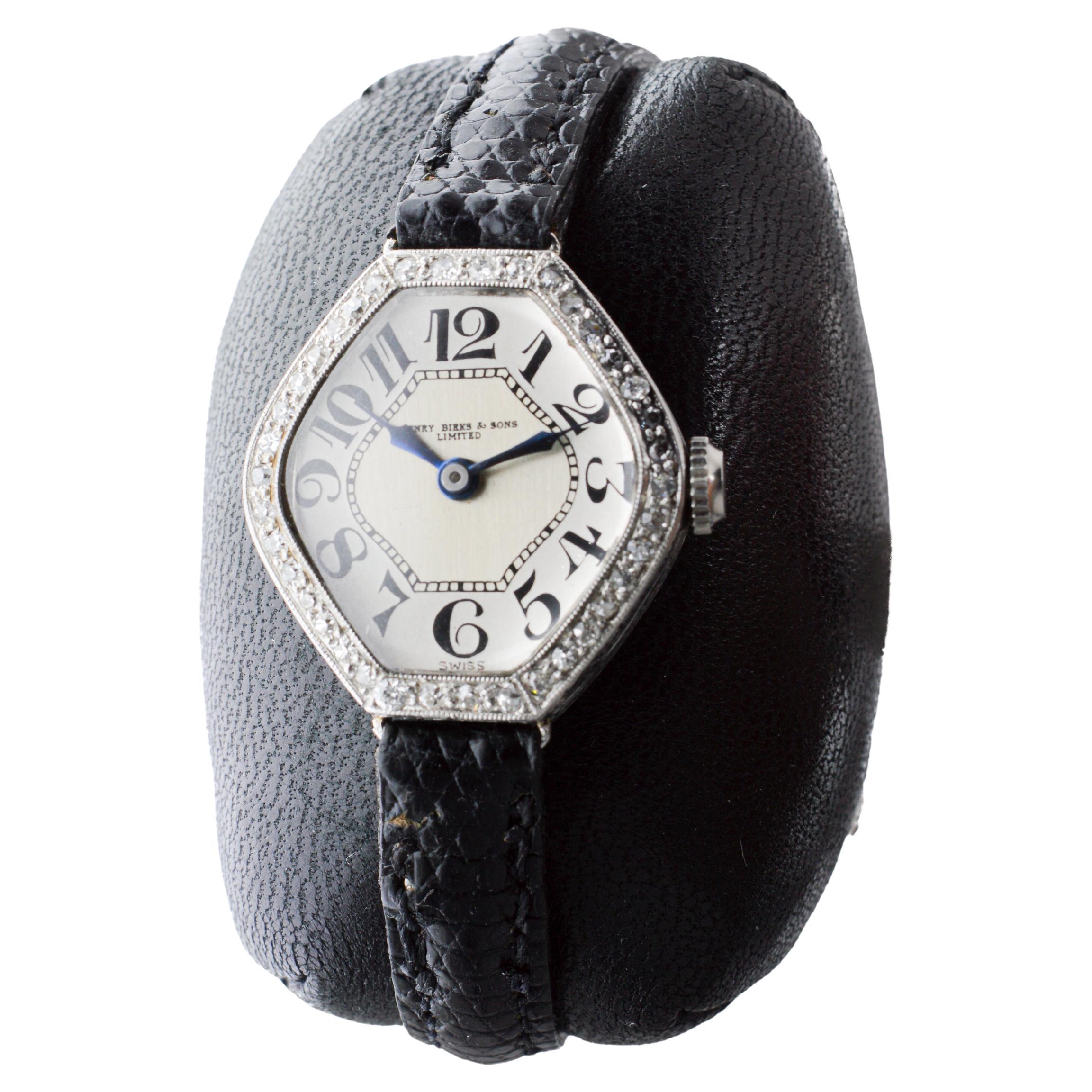 Henry Birks & Sons Platin Damen Art Deco Uhr mit Diamant Lünette um 1915 im Angebot 2