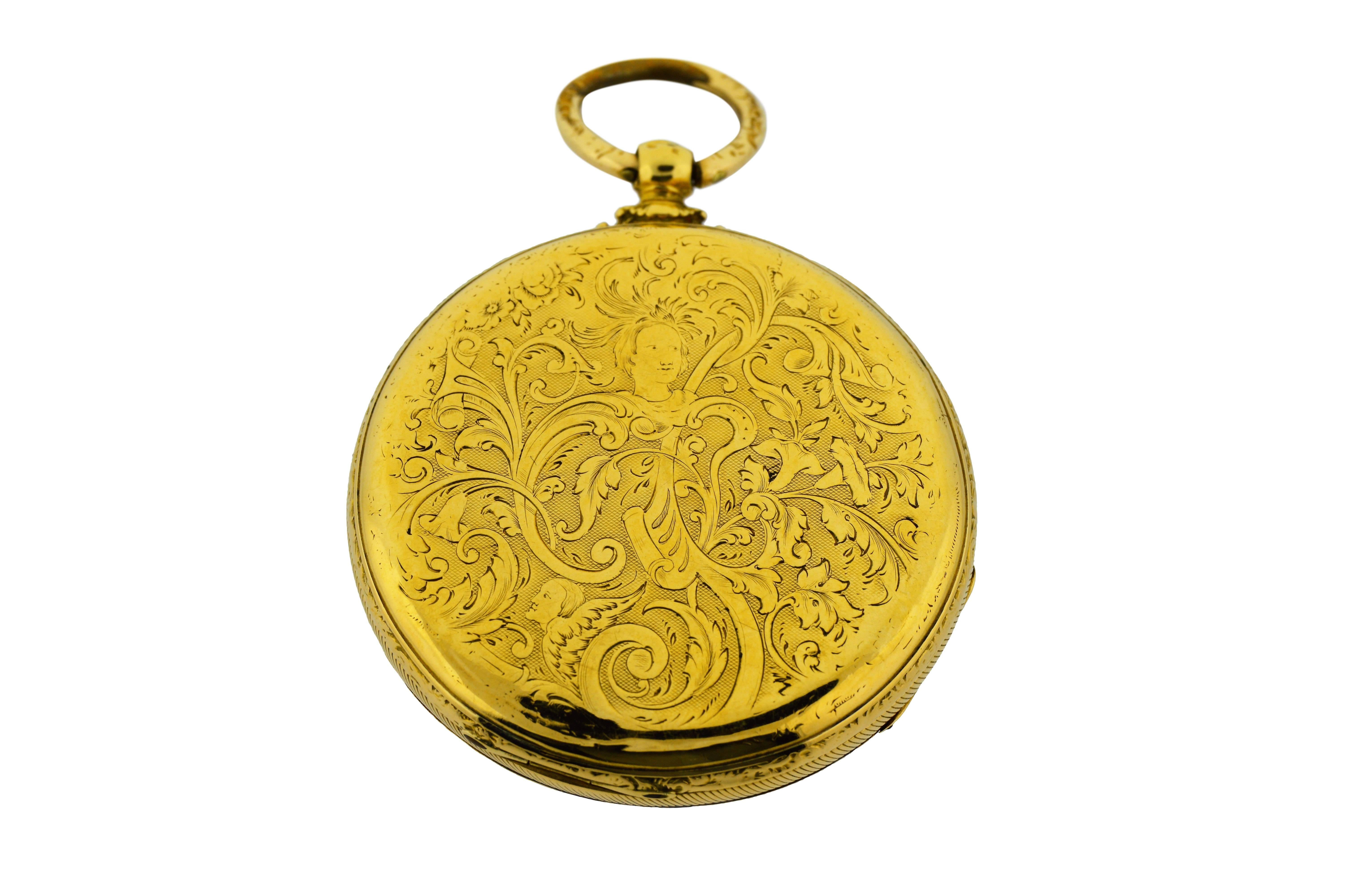 FACTORY / HOUSE: M.J. Tobias
STYLE / REFERENCE: Open Face / Keywind Pocket Watch
METAL / MATERIAL: 18Kt. Yellow Gold
DIMENSIONS: 48mm
CIRCA: 1860's
MOVEMENT / CALIBER: Keywinding / 13 Jewels / Lever Escapement
DIAL / HANDS: Original Hand Engraved