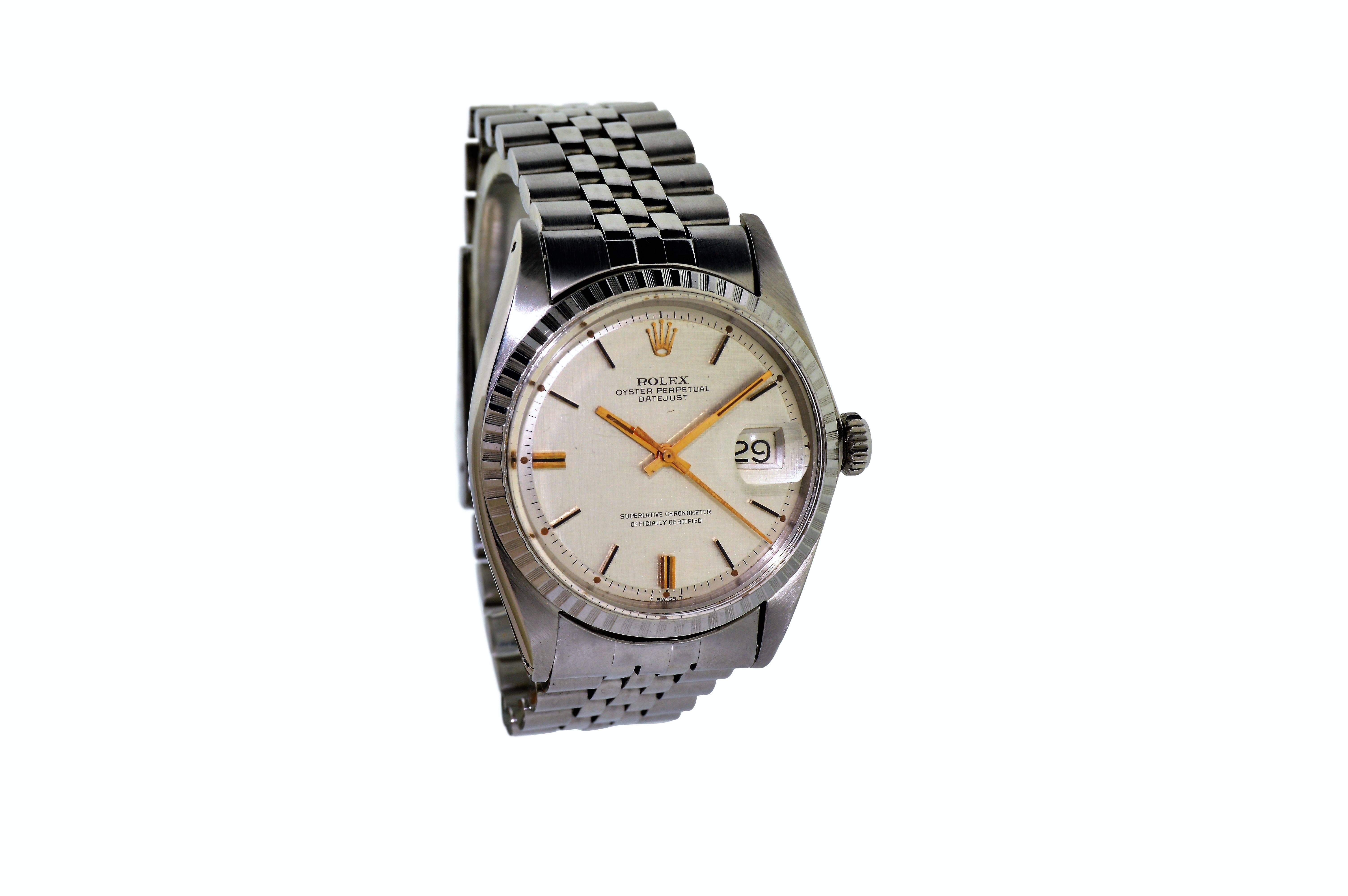 FACTORY / HOUSE: Rolex Watch Company
STYLE / REFERENCE: Datejust / Ref. 1601
METAL / MATERIAL: Stainless Steel 
DIMENSIONS:  44mm  X  36mm
CIRCA: 1969/70
MOVEMENT / CALIBER: Perpetual Winding / 26 Jewels / Cal.1570
DIAL / HANDS: Original Linen /