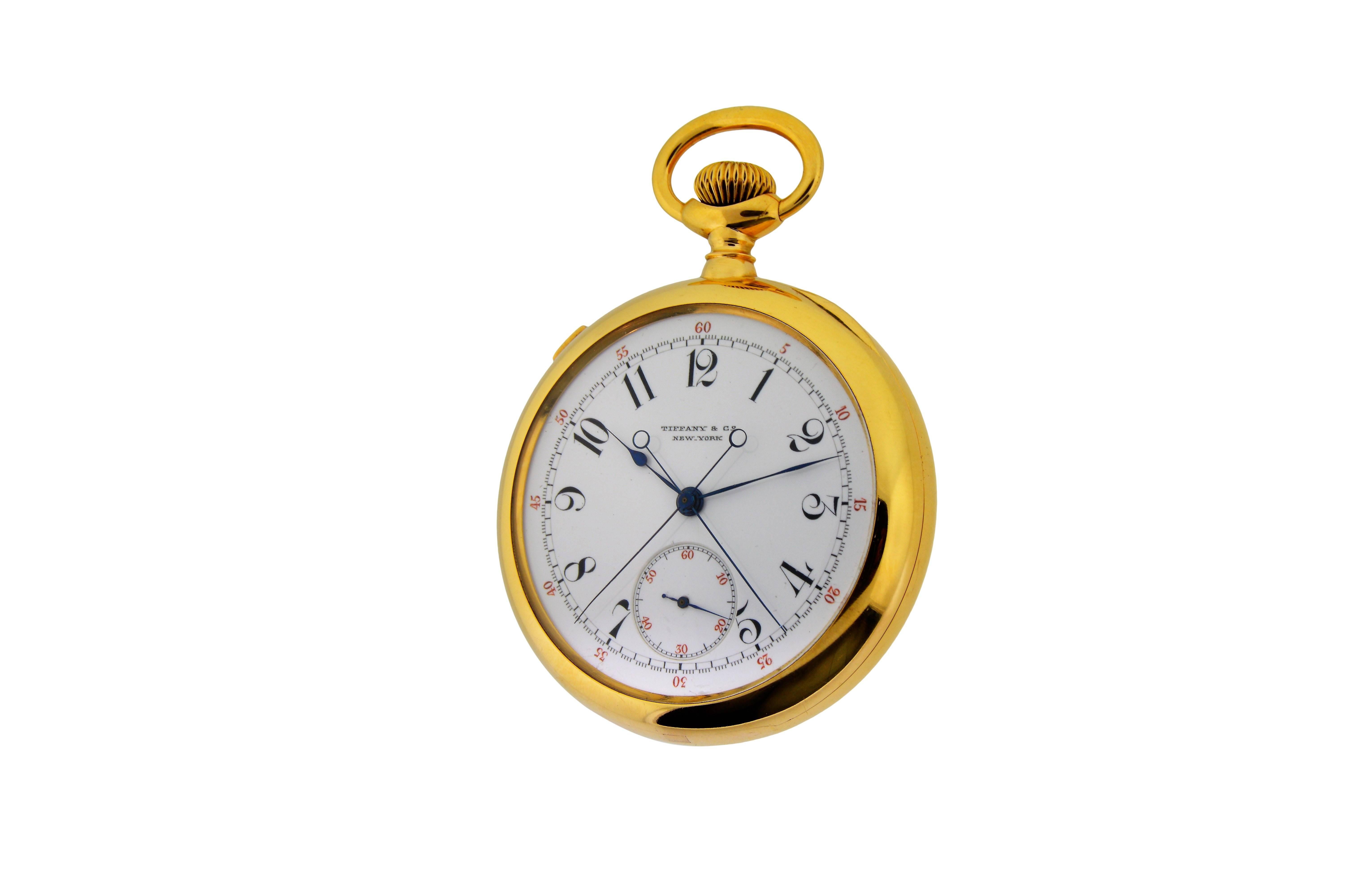 FACTORY / HOUSE: Patek Philippe / Tiffany and Company
STYLE / REFERENCE: Split Seconds Chronograph Pocket Watch
METAL / MATERIAL: 18 Kt. Rose Gold
DIMENSIONS:  52mm X 52mm
CIRCA: 1894
MOVEMENT / CALIBER: Manual Winding / 23 Jewels / 19 Ligne
DIAL /