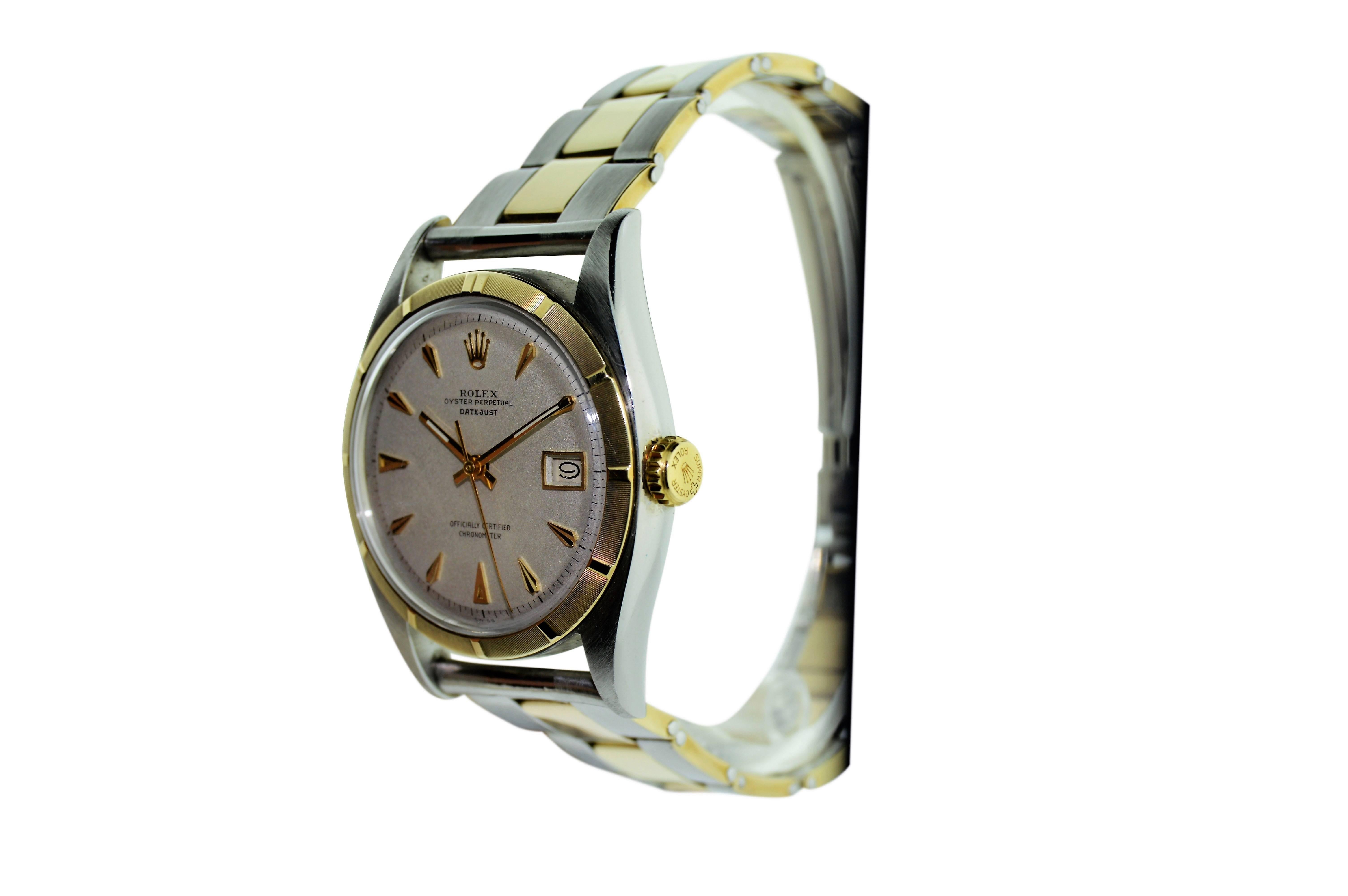 FACTORY / HOUSE: Rolex Watch Company
STYLE / REFERENCE: Datejust / Ref. 6105
METAL / MATERIAL: Stainless Steel & 14kt. Yellow Gold
DIMENSIONS: 44mm  X  36mm
CIRCA: 1952
MOVEMENT / CALIBER: Perpetual Winding / 20 Jewels / Cal. 745
DIAL / HANDS: