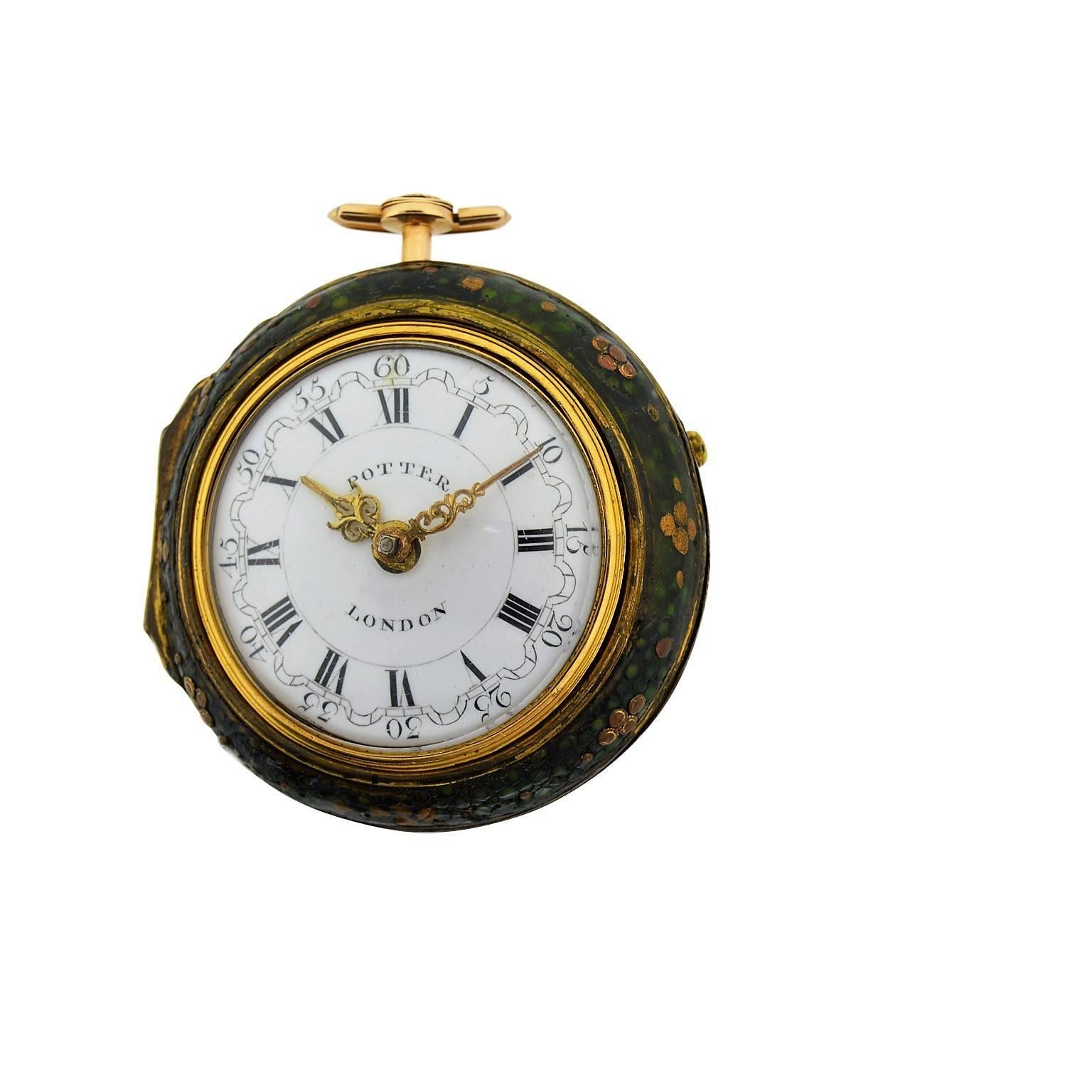 FACTORY / HOUSE: Harry Potter
STYLE / REFERENCE: Triple Cased Repousse Pocket Watch
METAL / MATERIAL: 18Kt. Yellow Gold & Chagreen
DIMENSIONS:  Diameter 2 1/8 in. (5.4 cm) 
CIRCA: 1791
MOVEMENT / CALIBER: Verge Fuzee
DIAL / HANDS: Original Enamel /