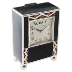 Horloge de bureau Cartier en argent sterling, avec émail cuit au four et cadran d'origine