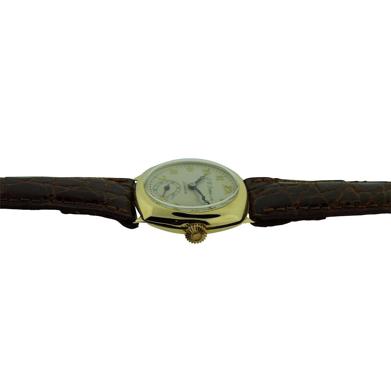 Art Deco Benson Yellow Gold Cushion Shaped Campaign Style Manual Wristwatch