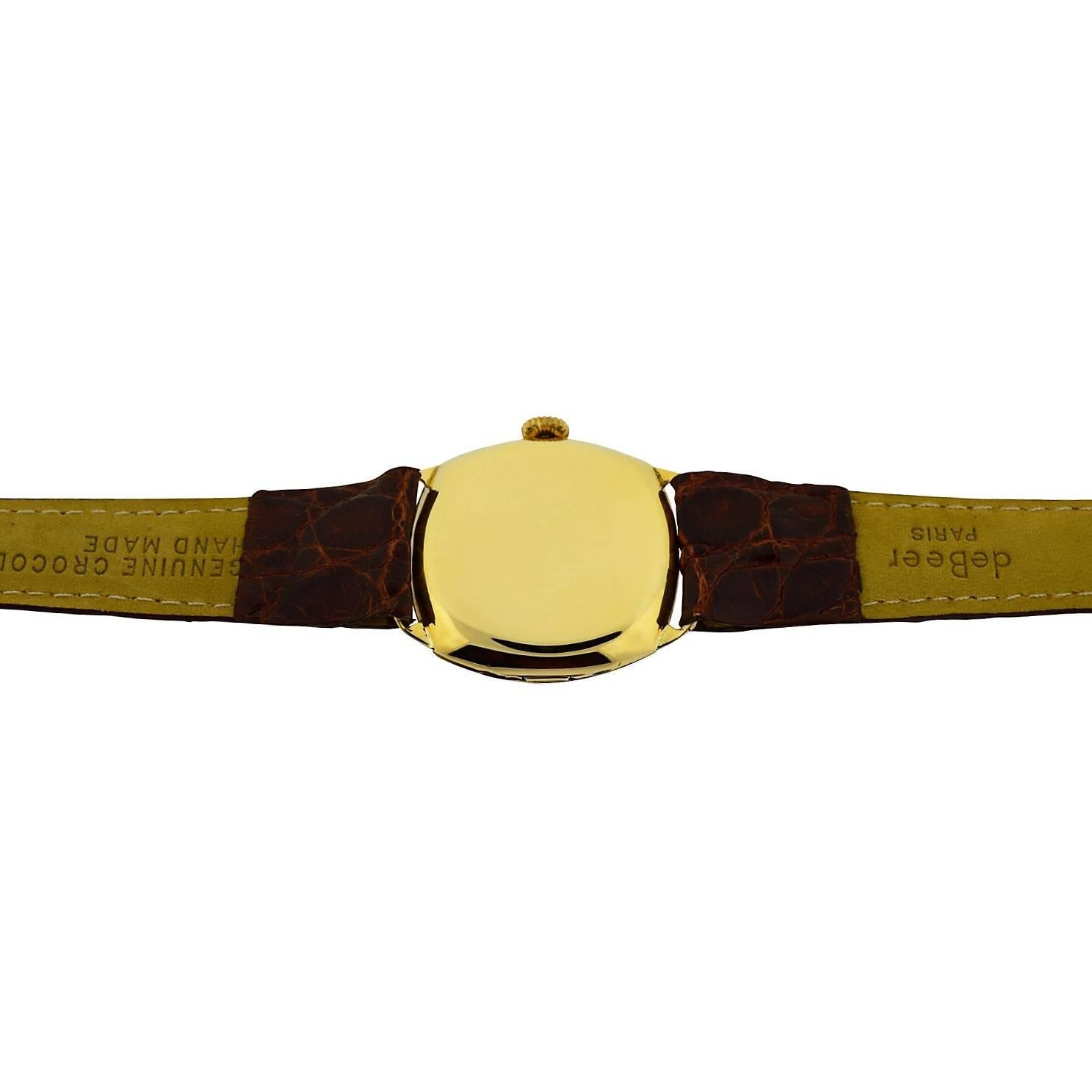 Benson Yellow Gold Cushion Shaped Campaign Style Manual Wristwatch In Excellent Condition In Long Beach, CA