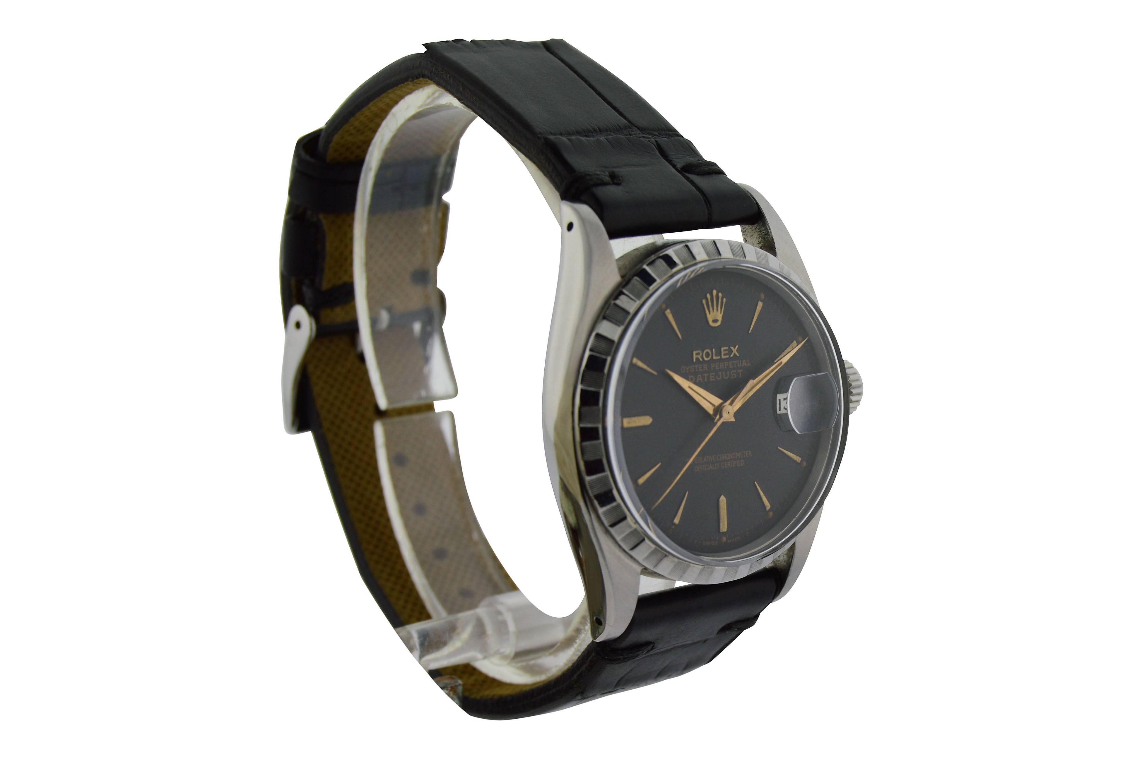 FACTORY / HOUSE: Rolex Watch Company
STYLE / REFERENCE: Datejust / Ref. 6605
METAL / MATERIAL: Stainless Steel 
DIMENSIONS:  49mm  X  36mm
CIRCA: 1956
MOVEMENT / CALIBER: Perpetual Winding / 25 Jewels / Cal. 1065
DIAL / HANDS: Black w/ Rose Baton