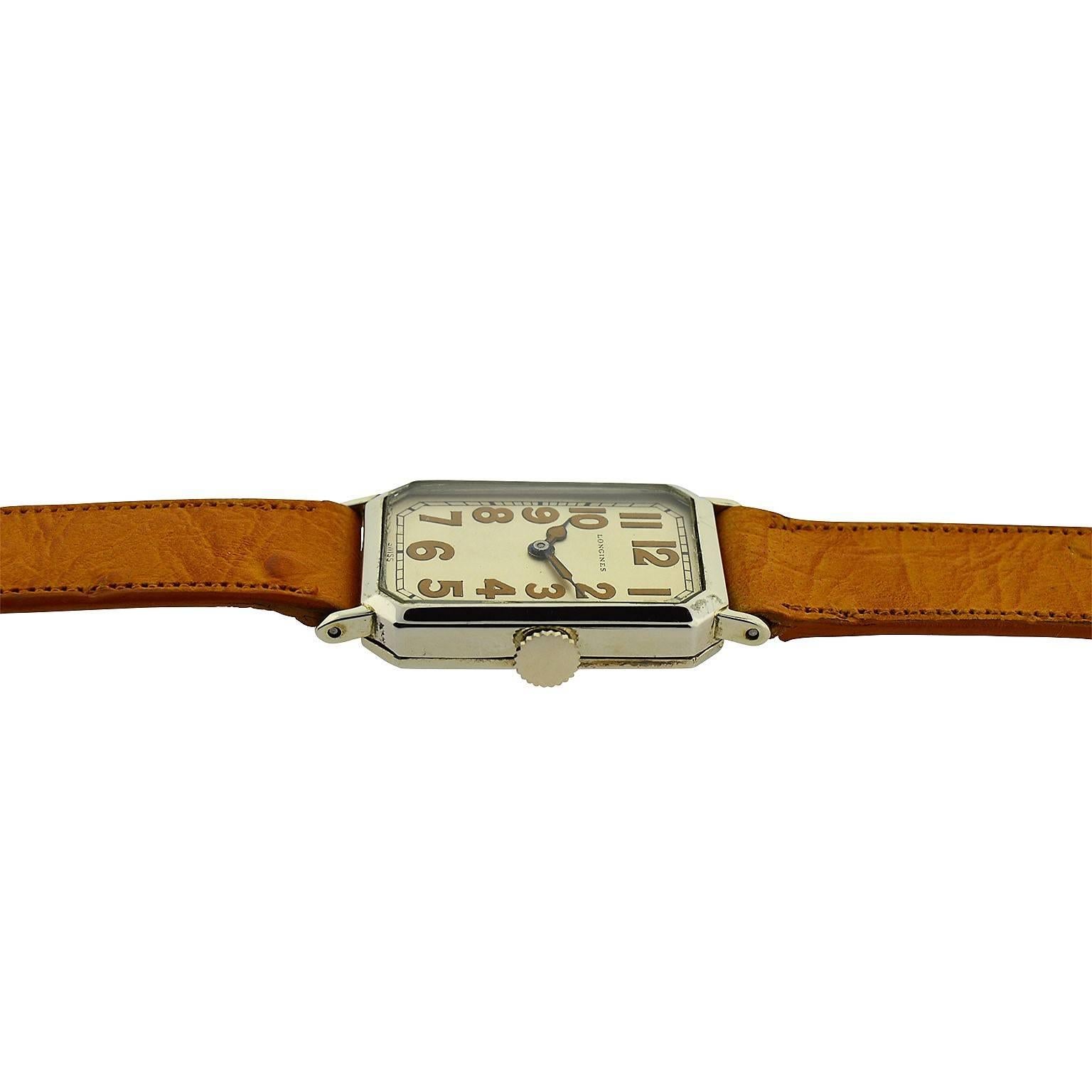 Longines White Gold Filled Art Deco Stern Freres Dial Early Manual Wristwatch  In Excellent Condition In Long Beach, CA
