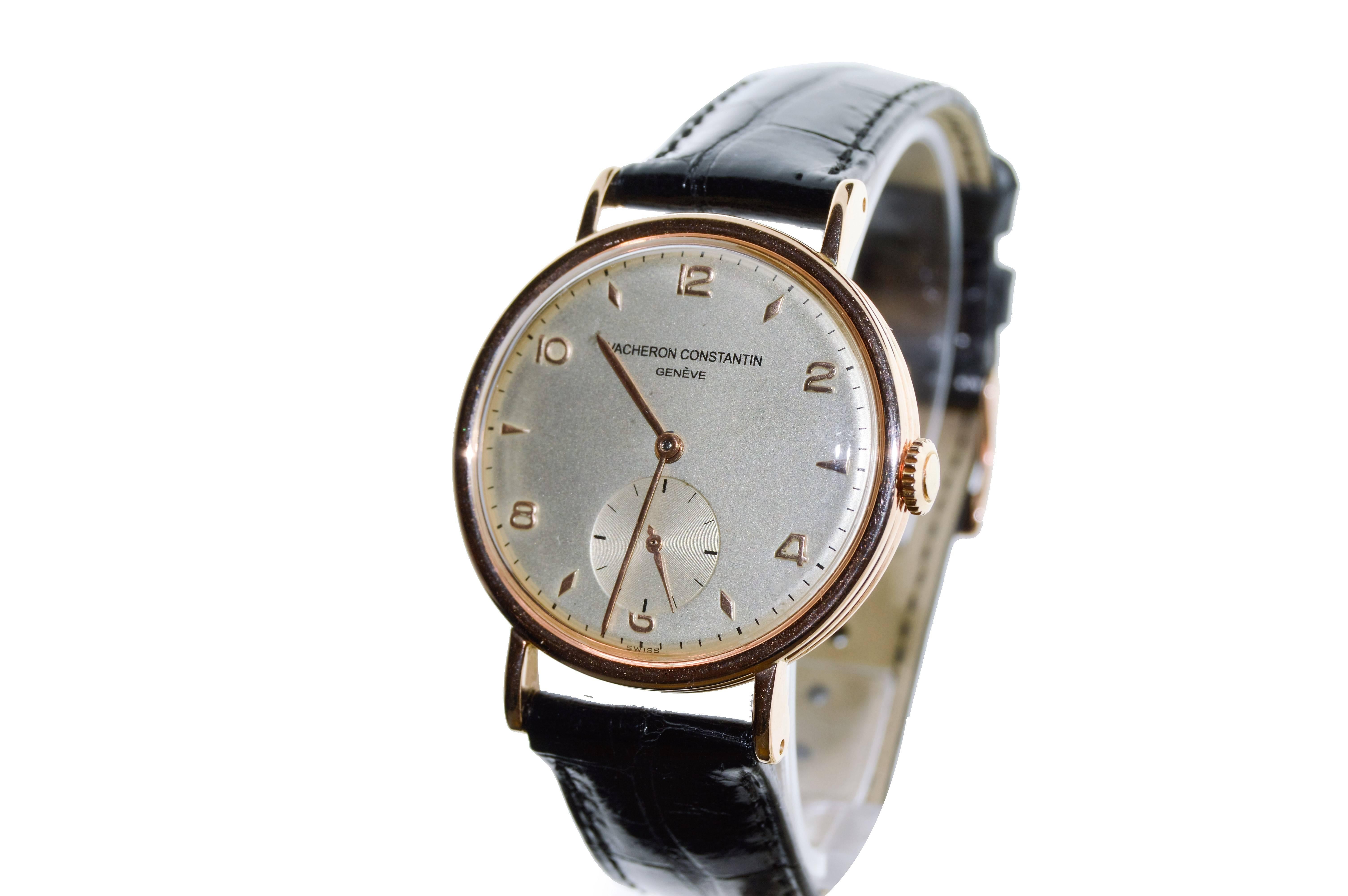 FACTORY / HOUSE: Vacheron Constantin
STYLE / REFERENCE: Round / Art Deco
METAL / MATERIAL: 18Kt. Rose Gold
DIMENSIONS:  41mm  X  33mm
CIRCA: 1940's
MOVEMENT / CALIBER: 17 Jewels 
DIAL / HANDS: Arabic & Batons / Solid Rose Gold Baton Hands
ATTACHMENT