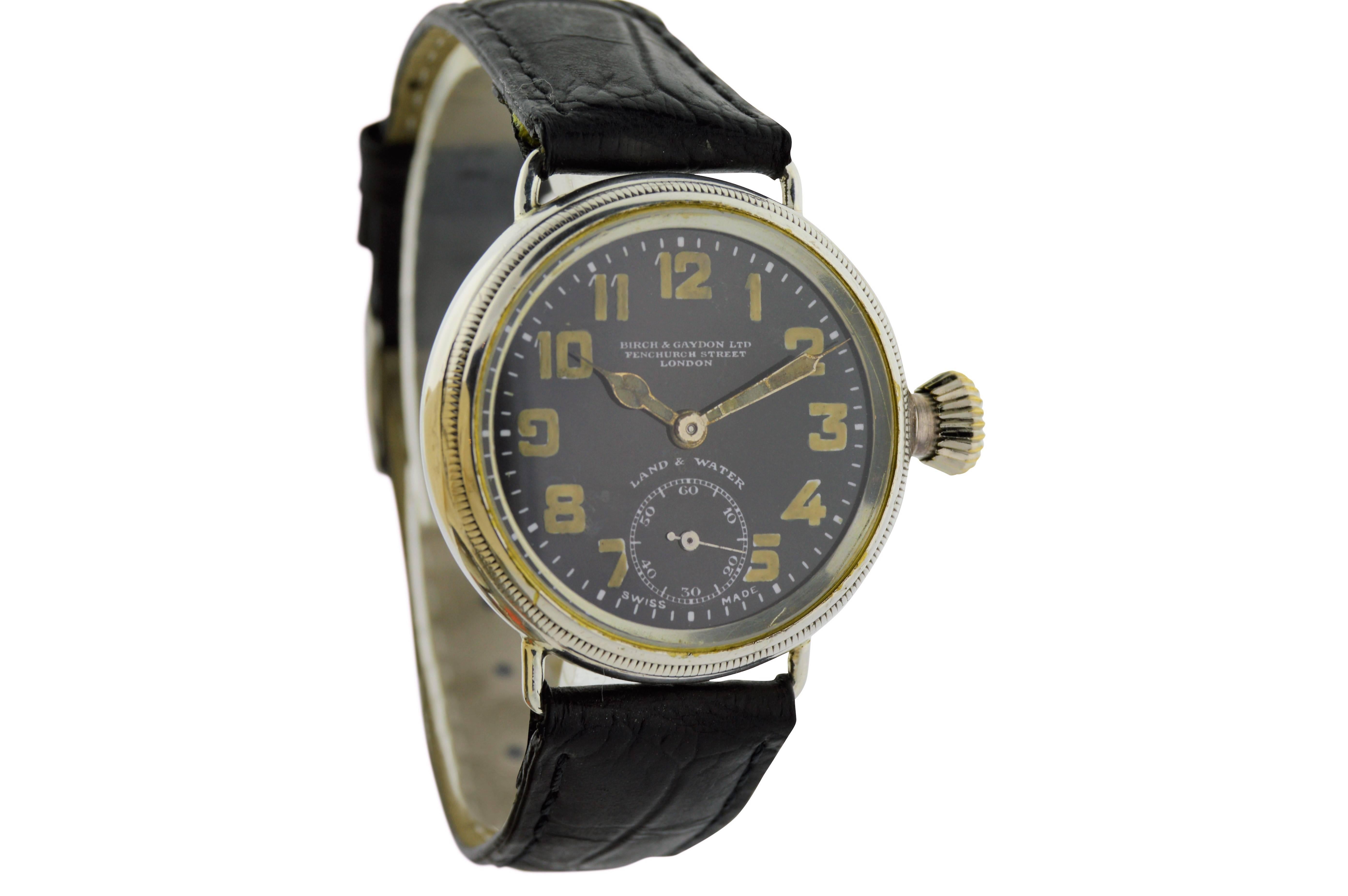 FACTORY / HOUSE: Zenith for Birch & Gaydon Ltd.
STYLE / REFERENCE: Military WW I 
METAL / MATERIAL: Sterling Silver
DIMENSIONS: Length 39mm  X Diameter 36mm
CIRCA: 1915 
MOVEMENT / CALIBER: Manual Winding / 15 Jewels / Gilt Plates
DIAL / HANDS: