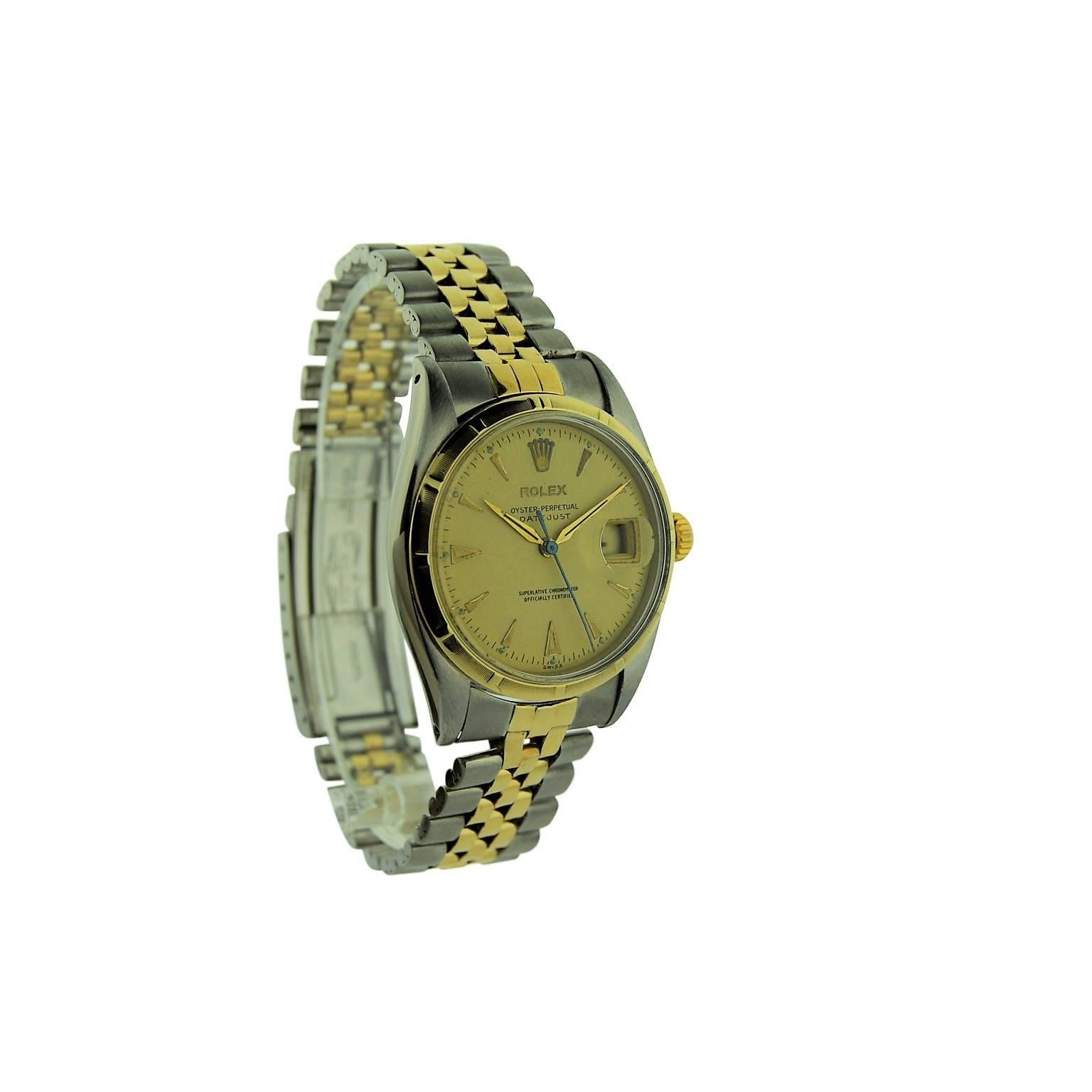 FACTORY / HOUSE: Rolex Watch Company
STYLE / REFERENCE: Datejust / 6305
METAL / MATERIAL: Stainless Steel / 18Kt. Yellow Gold
DIMENSIONS:  44mm  X  36mm
CIRCA: 1953 / 1954
MOVEMENT / CALIBER: Perpetual Winding /  18 Jewels / Cal. 745
DIAL / HANDS: