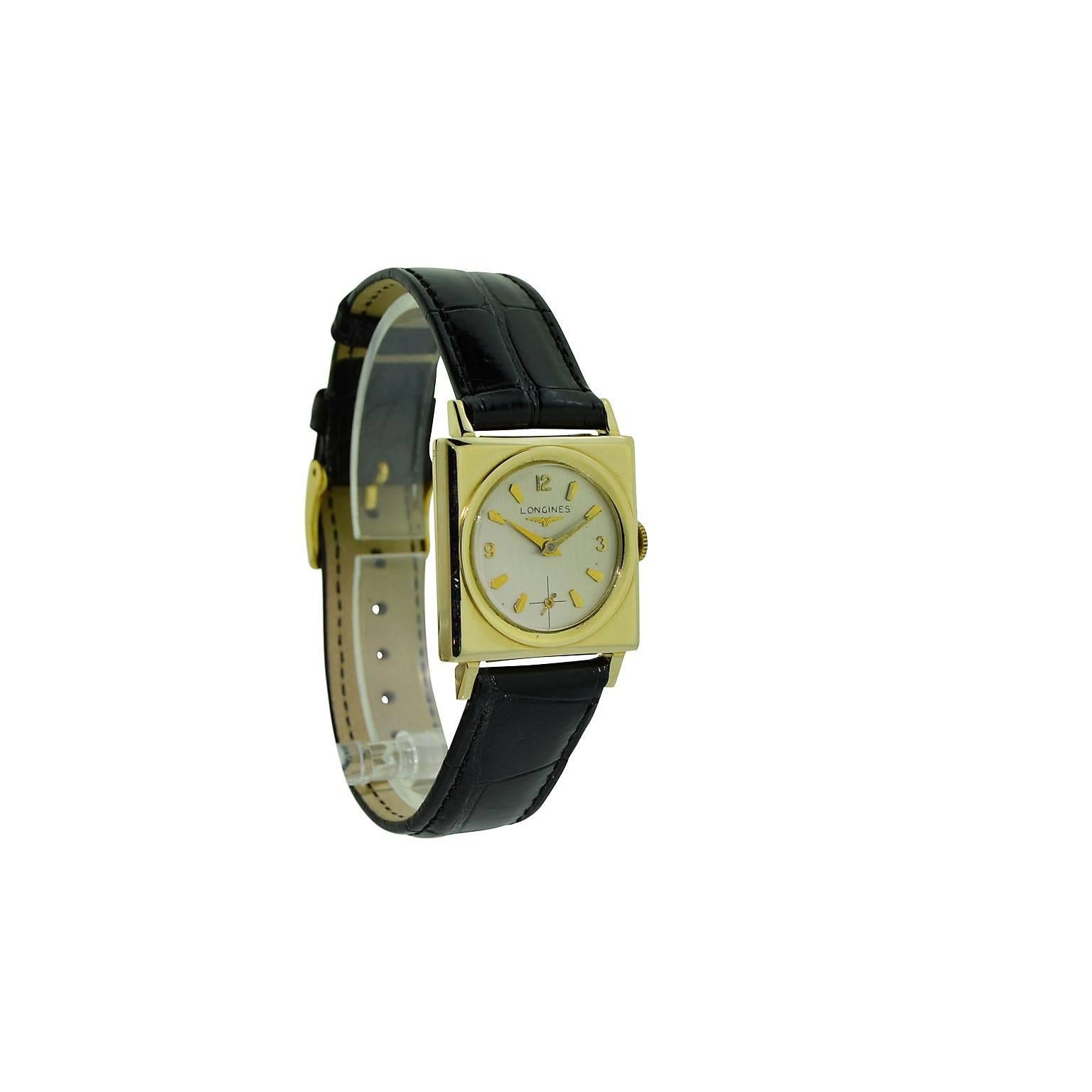 FACTORY / HOUSE:  Longines Watch Company
STYLE / REFERENCE: Art Deco / Circle in a Square
METAL / MATERIAL:   14 Kt Yellow Gold 
DIMENSIONS:  36 mm  X 25 mm
CIRCA:  1955 / 1956
MOVEMENT / CALIBER:  Manual Winding / 17 Jewels / 22 L Cal. 
DIAL /