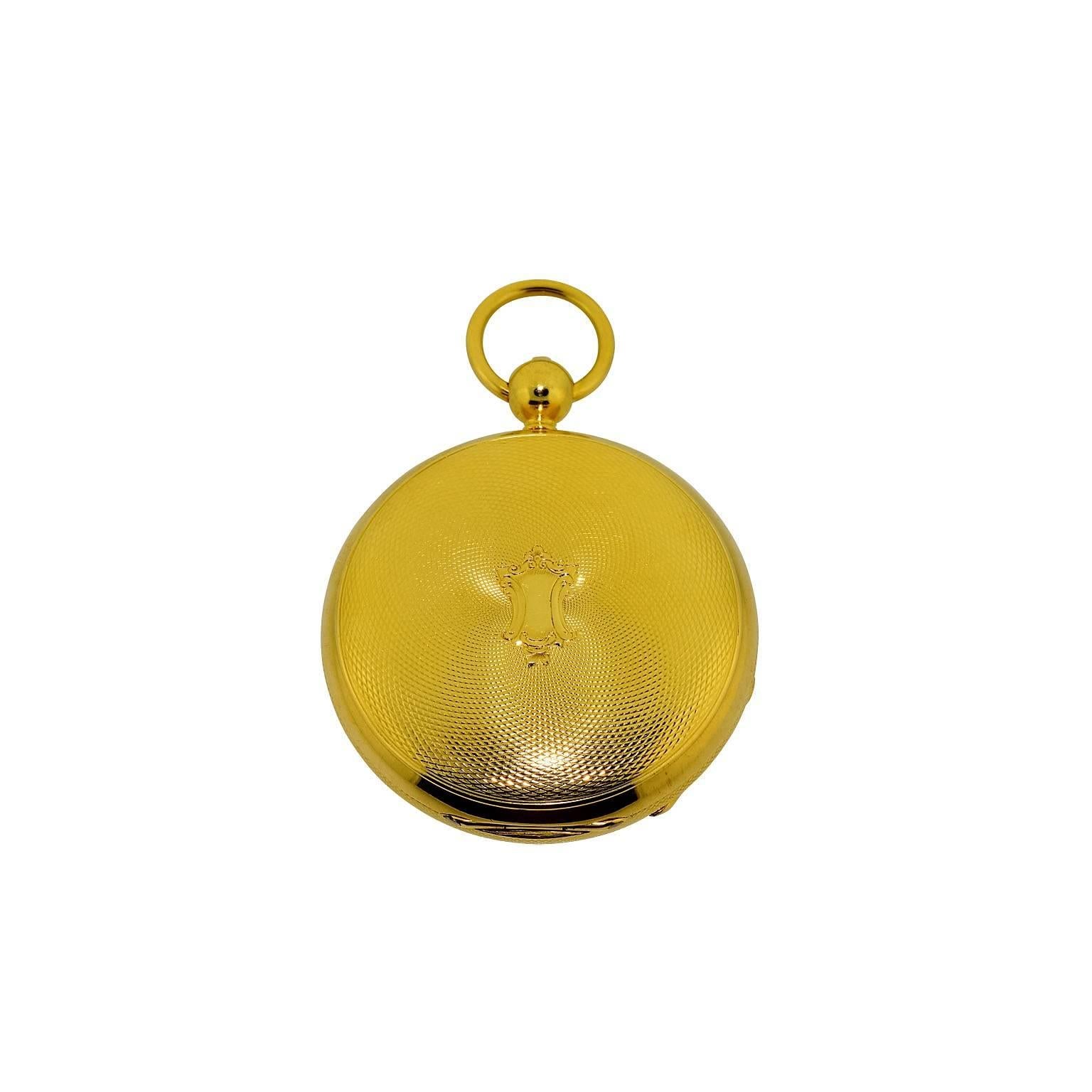 FACTORY / HOUSE: David Taylor / London
STYLE / REFERENCE: Hunters Case / Breguet Engine Turned Pocket Watch
METAL / MATERIAL: 18 Kt. Solid Yellow Gold
DIMENSIONS:  52mm X 52mm
CIRCA: 1830
MOVEMENT / CALIBER: Key Winding / Fusee Chain Driven
DIAL /