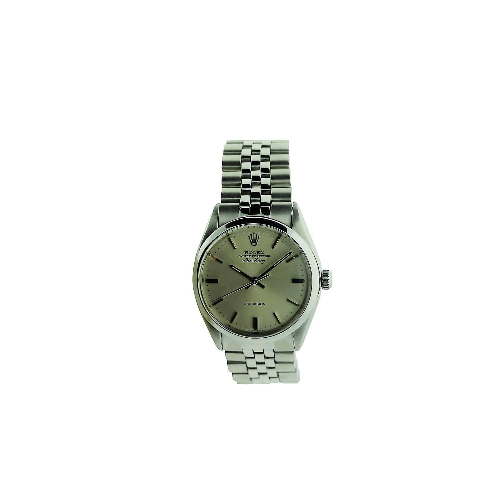 FACTORY / HOUSE: Rolex Watch Company
STYLE / REFERENCE: Oyster Perpetual / Air-King /Ref. 5500
METAL / MATERIAL: Stainless Steel 
DIMENSIONS:  40mm X 34mm
CIRCA: 1977 / 78
MOVEMENT / CALIBER: Perpetual Winding / 26 Jewels / Cal. 1570
DIAL / HANDS: