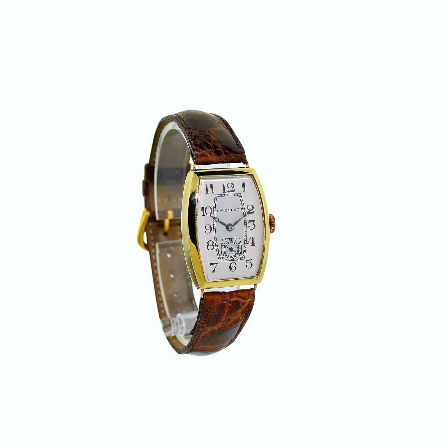 FACTORY / HOUSE:  J. W. Benson London
STYLE / REFERENCE: Art Deco 
METAL / MATERIAL: 14 Kt. Yellow Gold
DIMENSIONS: 39mm X 25mm
CIRCA: 1930's
MOVEMENT / CALIBER: Manual Winding / 15 Jewels 
DIAL / HANDS: Two Silvered with Breguet Style Numerals /