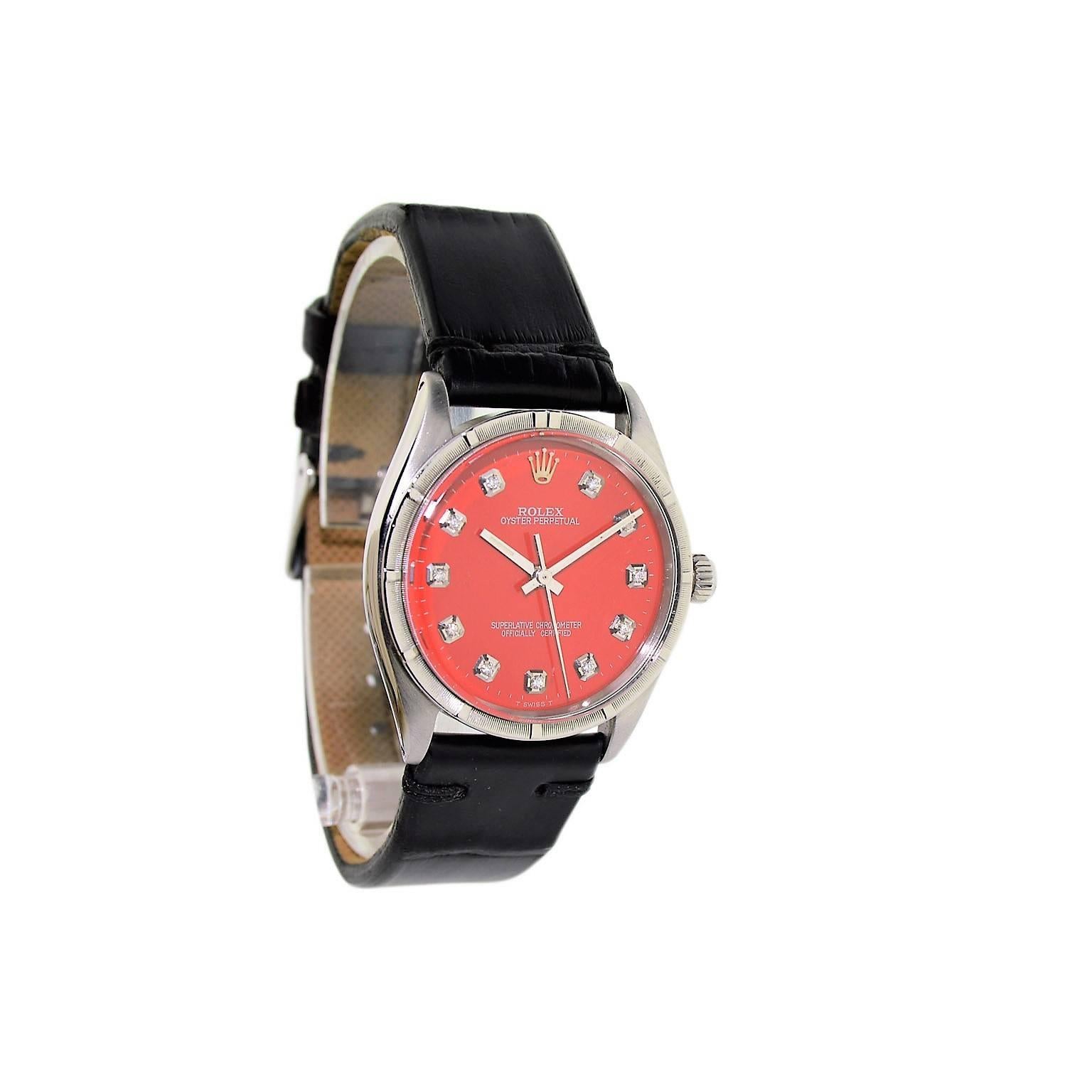 FACTORY / HOUSE: Rolex Watch Company
STYLE / REFERENCE: Machined Bezel / Ref. 1007
METAL / MATERIAL: Stainless Steel
DIMENSIONS: 39mm X 34mm
CIRCA: 1962 / 1963
MOVEMENT / CALIBER: Manual Winding / 26 Jewels / Cal. 1560
DIAL / HANDS: Red Replacement