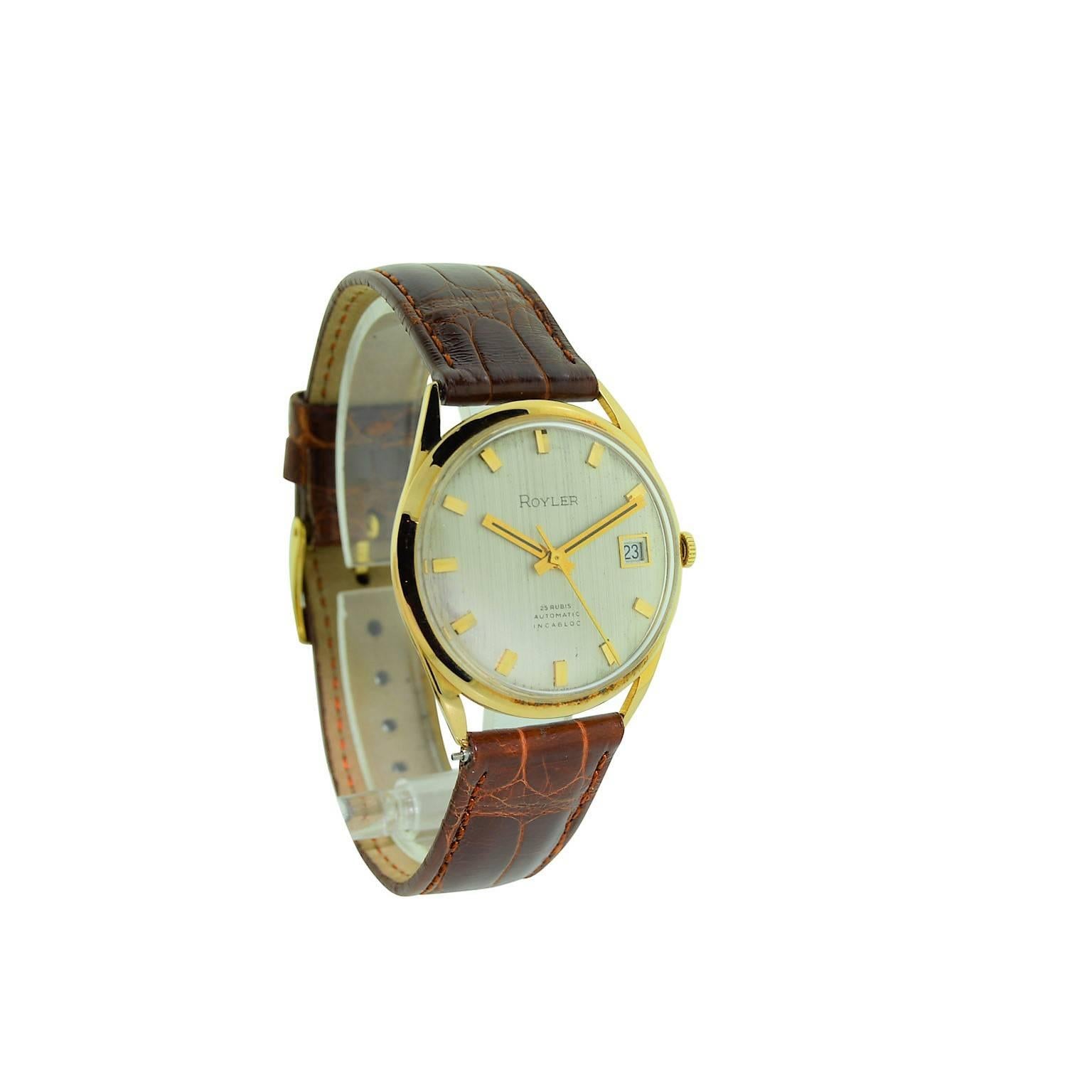 FACTORY / HOUSE: Royler Watch Company
STYLE / REFERENCE: Round Mid Century Design
METAL / MATERIAL: 18 Kt Rose Gold
DIMENSIONS: 42mm X 36mm
CIRCA: 1960's
MOVEMENT / CALIBER: Automatic Winding / 23 Jewels /  4 Adjustments Cal. ETA 2572 /HIgh