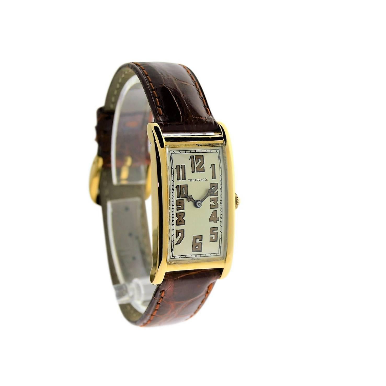 FACTORY / HOUSE: International Watch Company / For Tiffany and Co.  New York
STYLE / REFERENCE: Rectangle /  Art Deco
METAL / MATERIAL: 18Kt. Yellow Gold
CIRCA: 1930's
MOVEMENT / CALIBER: Manual Winding / 17 Jewels / HIgh Grade Hand Finished
DIAL /
