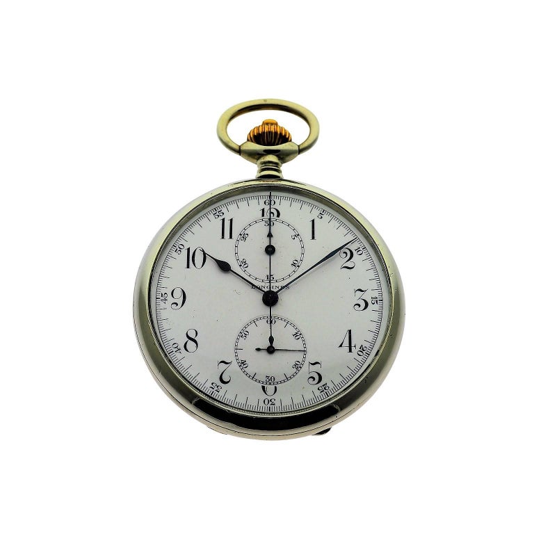 Longines Nickel Silver Enamel Dial Chronograph Pocket Watch For Sale at