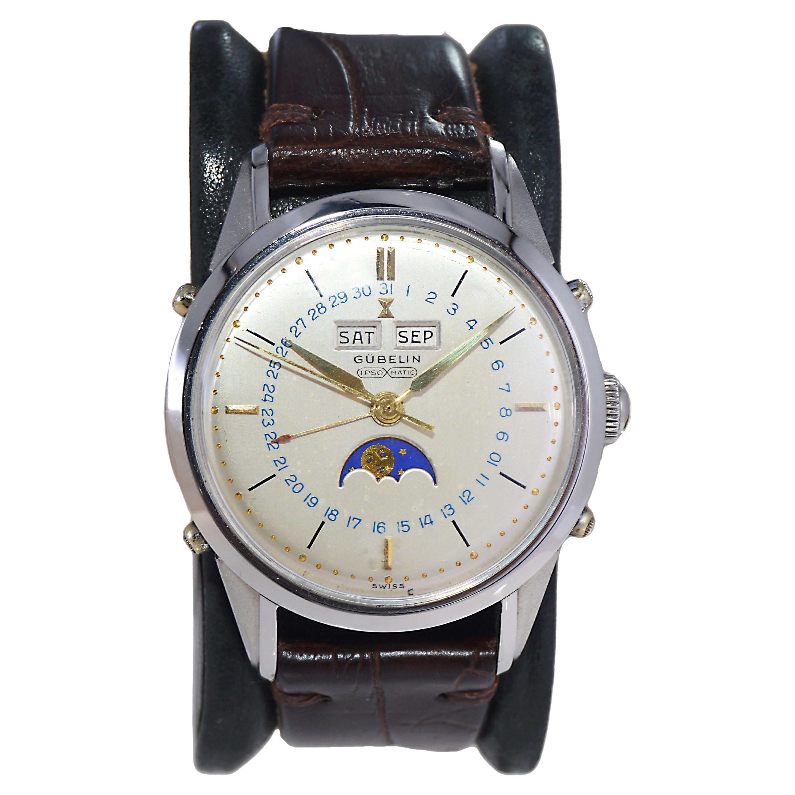 Gubelin Stainless Steel Automatic Triple Date Moon Phase Calendar Watch