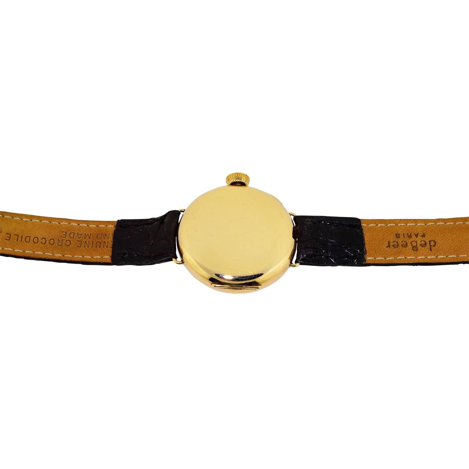 Women's or Men's Waltham Yellow Gold Filled Campaign Style Original Enamel Dial Manual Wristwatch