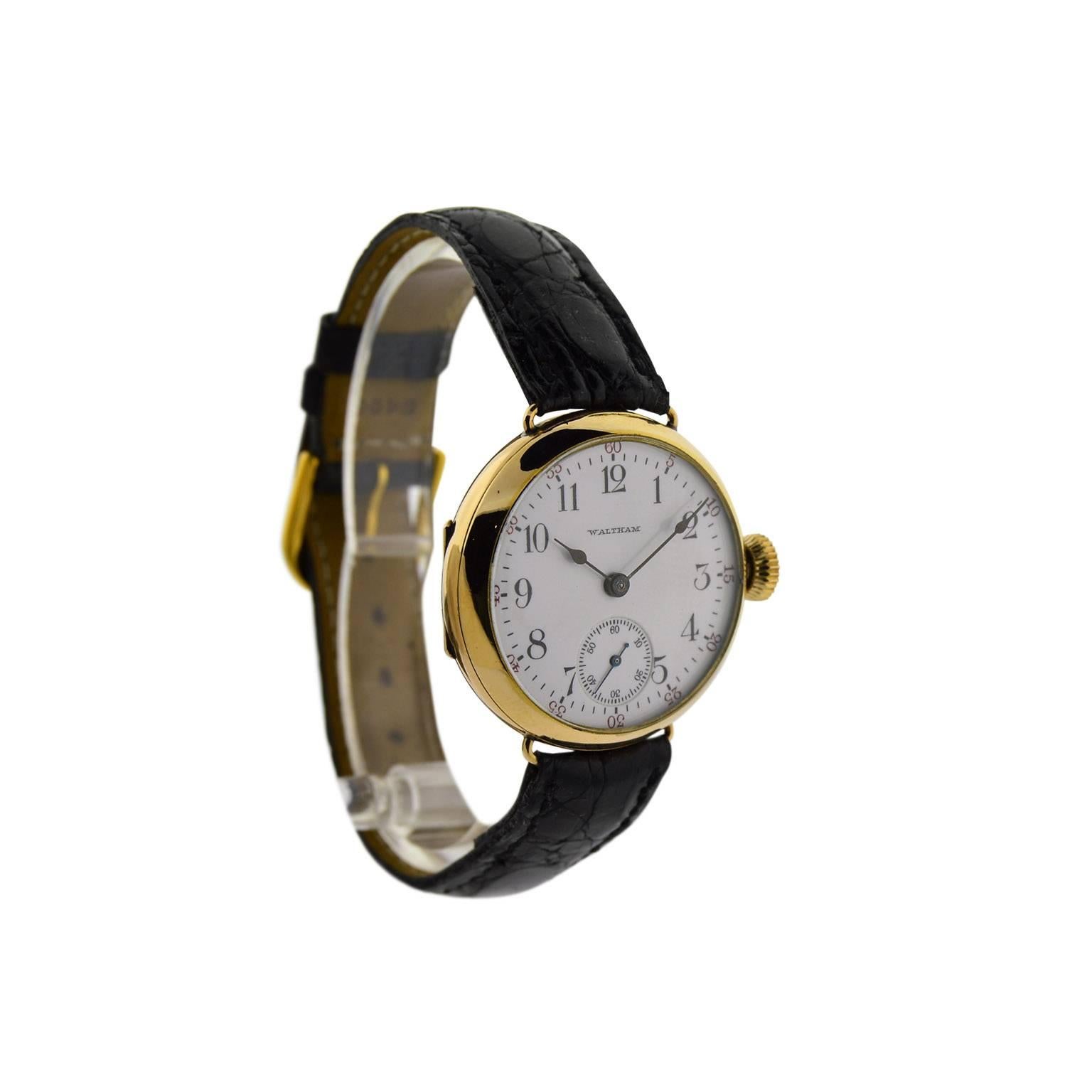 Art Deco Waltham Yellow Gold Filled Campaign Style Original Enamel Dial Manual Wristwatch