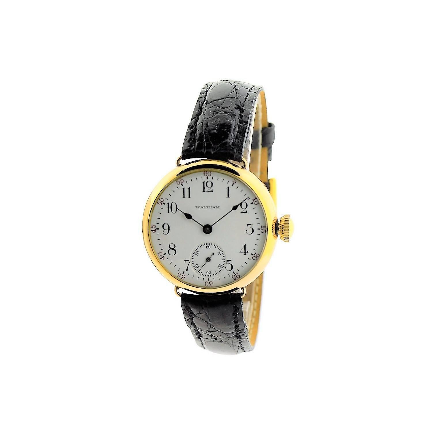 FACTORY / HOUSE: Waltham Watch Company
STYLE / REFERENCE: Military Style / Art Deco
METAL / MATERIAL: Yellow Gold Filled
DIMENSIONS:  45mm  X  35mm
CIRCA: 1908 / 1910
MOVEMENT / CALIBER: Manual Winding / 17 Jewels / Damascened Plates
DIAL / HANDS: