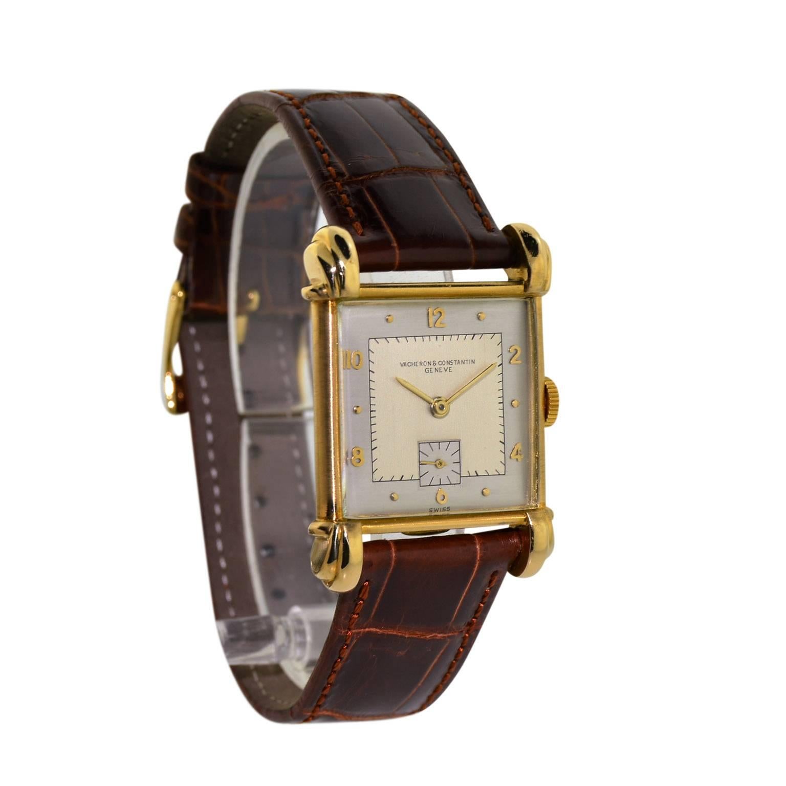 FACTORY / HOUSE: Vacheron Constantin
STYLE / REFERENCE: Art Deco 
METAL / MATERIAL: 18 Kt Yellow Gold
DIMENSIONS:  38 mm  X  28 mm
CIRCA: 1940's
MOVEMENT / CALIBER: Manual Winding / 17 Jewels 
DIAL / HANDS: Original with Sterling Silver and Kiln